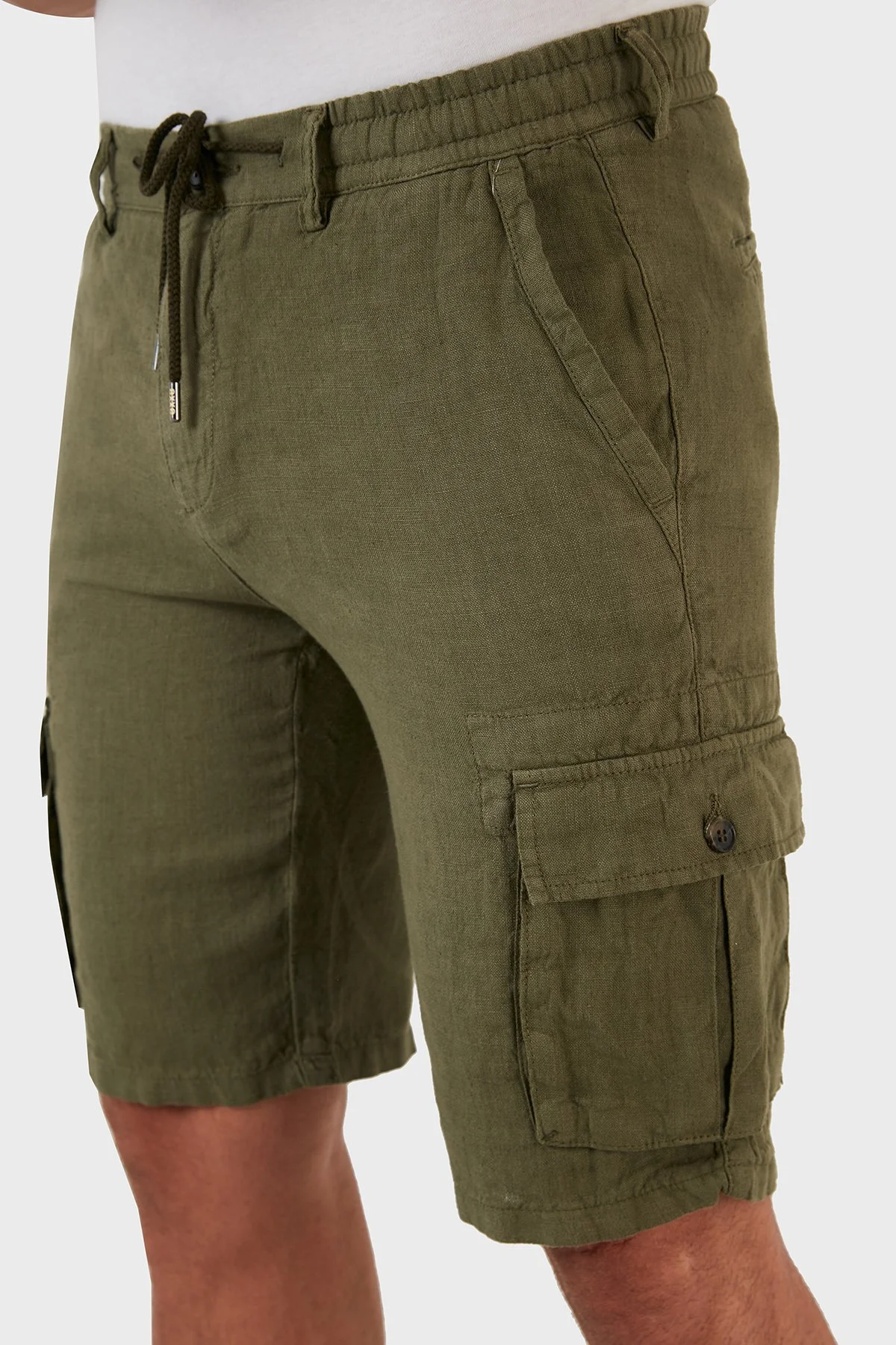 Exxe Belden Bağlamalı Cepli Regular Fit % 100 Keten Erkek Short 630JURIŞORT HAKİ - 6
