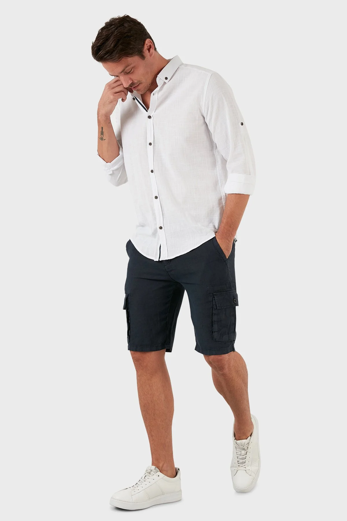 Exxe Belden Bağlamalı Cepli Regular Fit % 100 Keten Erkek Short 630JURIŞORT LACİVERT - 1