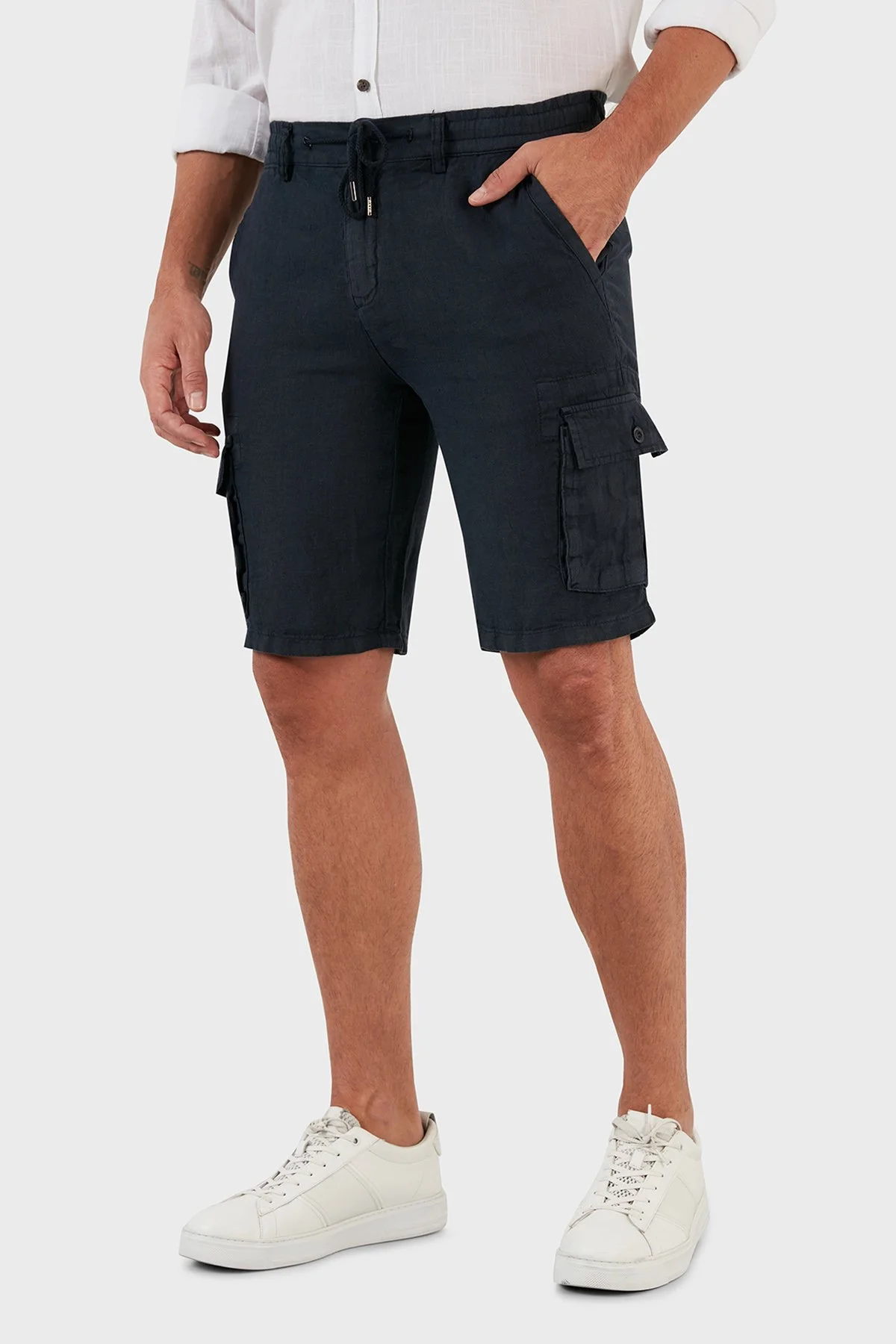 Exxe Belden Bağlamalı Cepli Regular Fit % 100 Keten Erkek Short 630JURIŞORT LACİVERT - 2