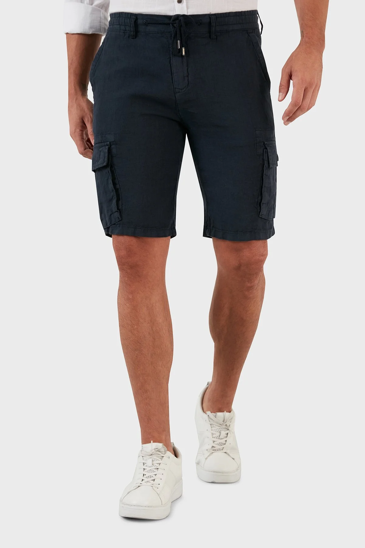 Exxe Belden Bağlamalı Cepli Regular Fit % 100 Keten Erkek Short 630JURIŞORT LACİVERT - 3