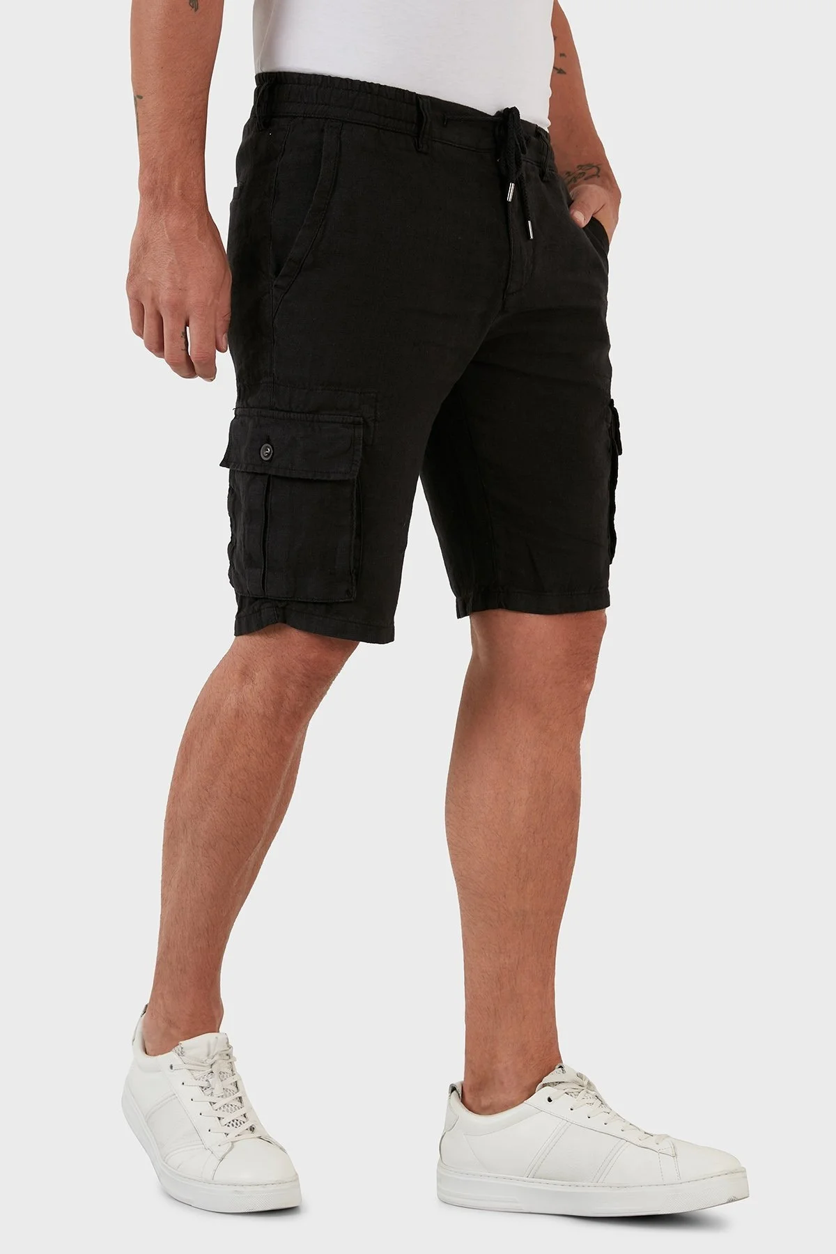 Exxe Belden Bağlamalı Cepli Regular Fit % 100 Keten Erkek Short 630JURIŞORT SİYAH - 3