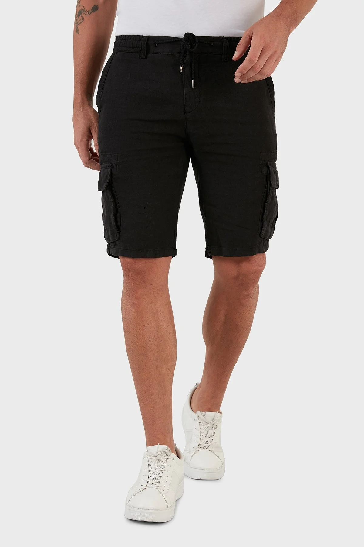 Exxe Belden Bağlamalı Cepli Regular Fit % 100 Keten Erkek Short 630JURIŞORT SİYAH - 4