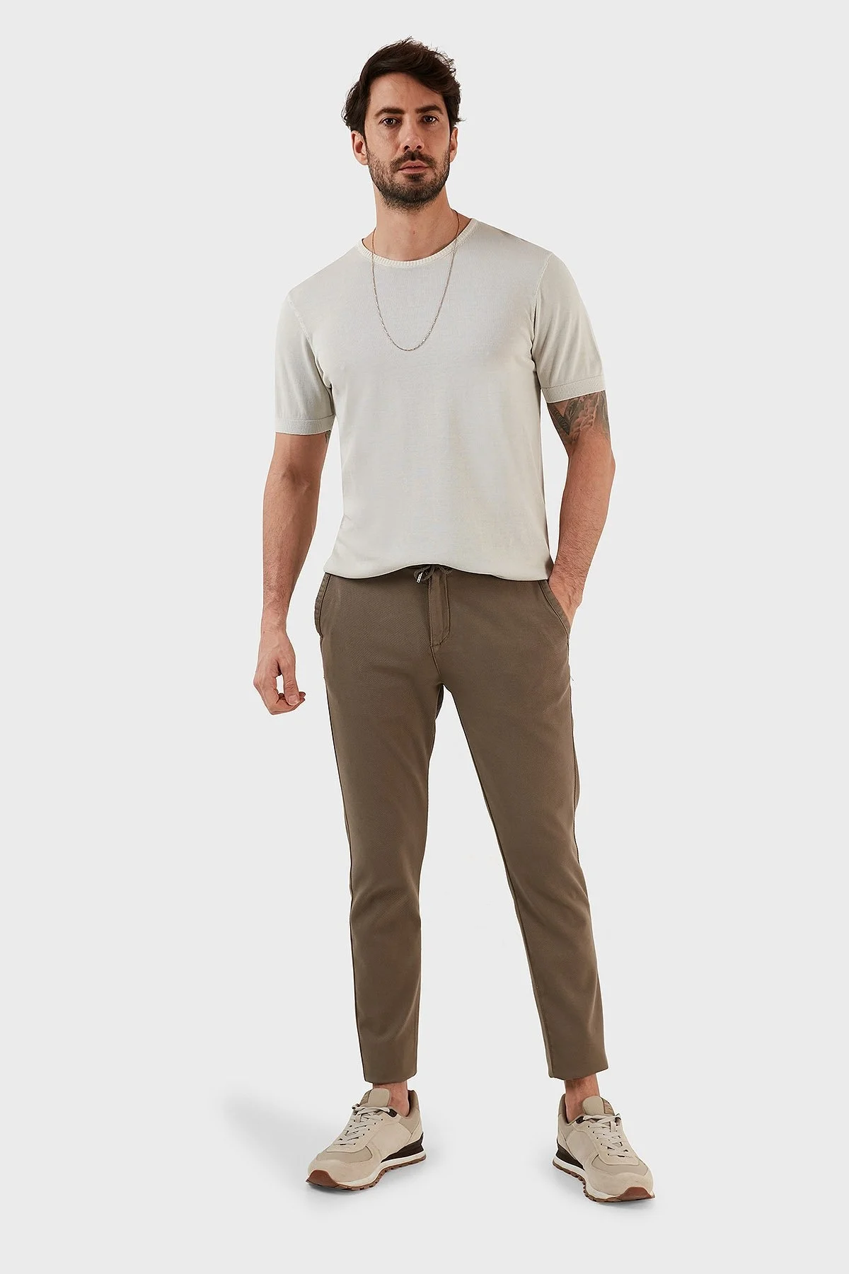 Exxe Pamuk Karışımlı Belden Bağlamalı Normal Bel Düz Paça Regular Fit Erkek Pantolon 630JORUNA VİZON - 1