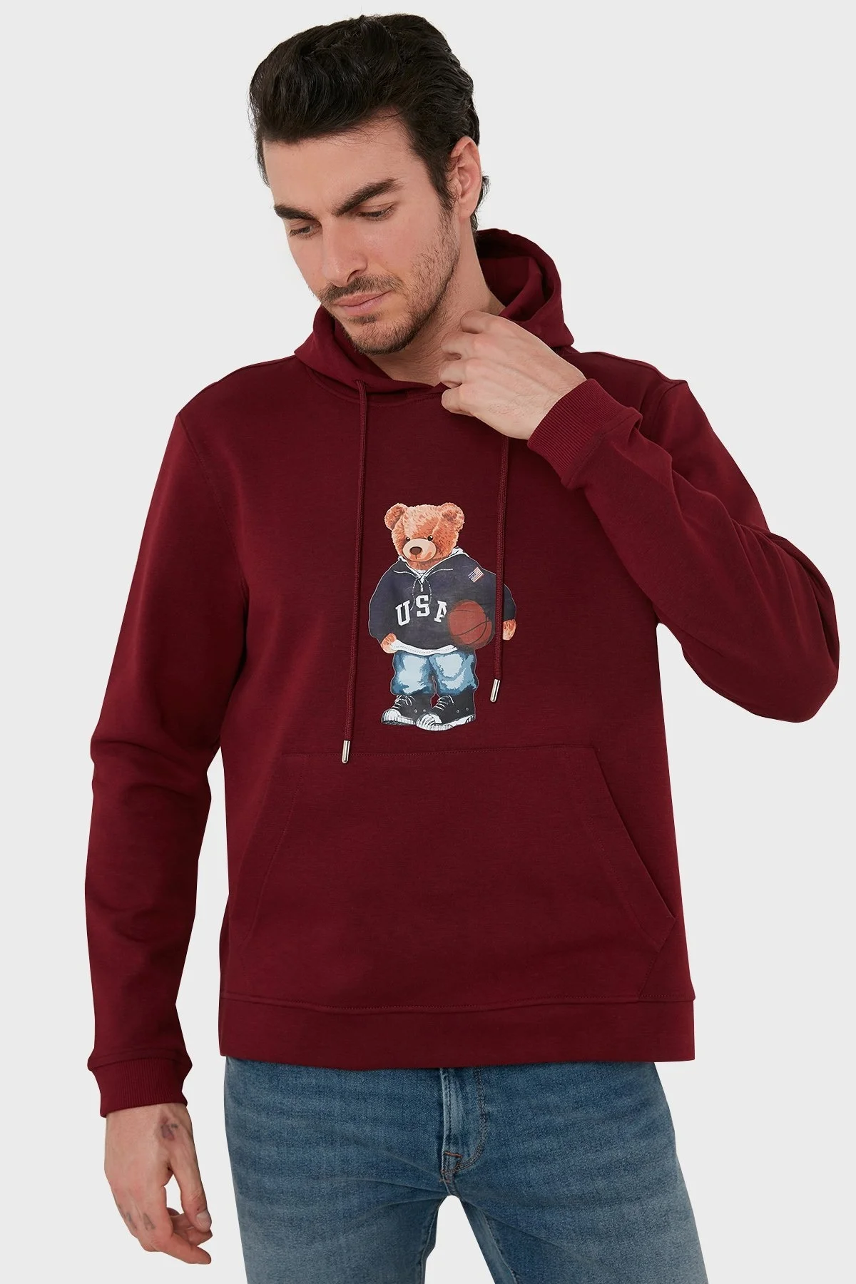 Exxe Pamuklu Baskılı Kanguru Cepli Kapüşonlu Erkek Sweat 6141003 BORDO - 1