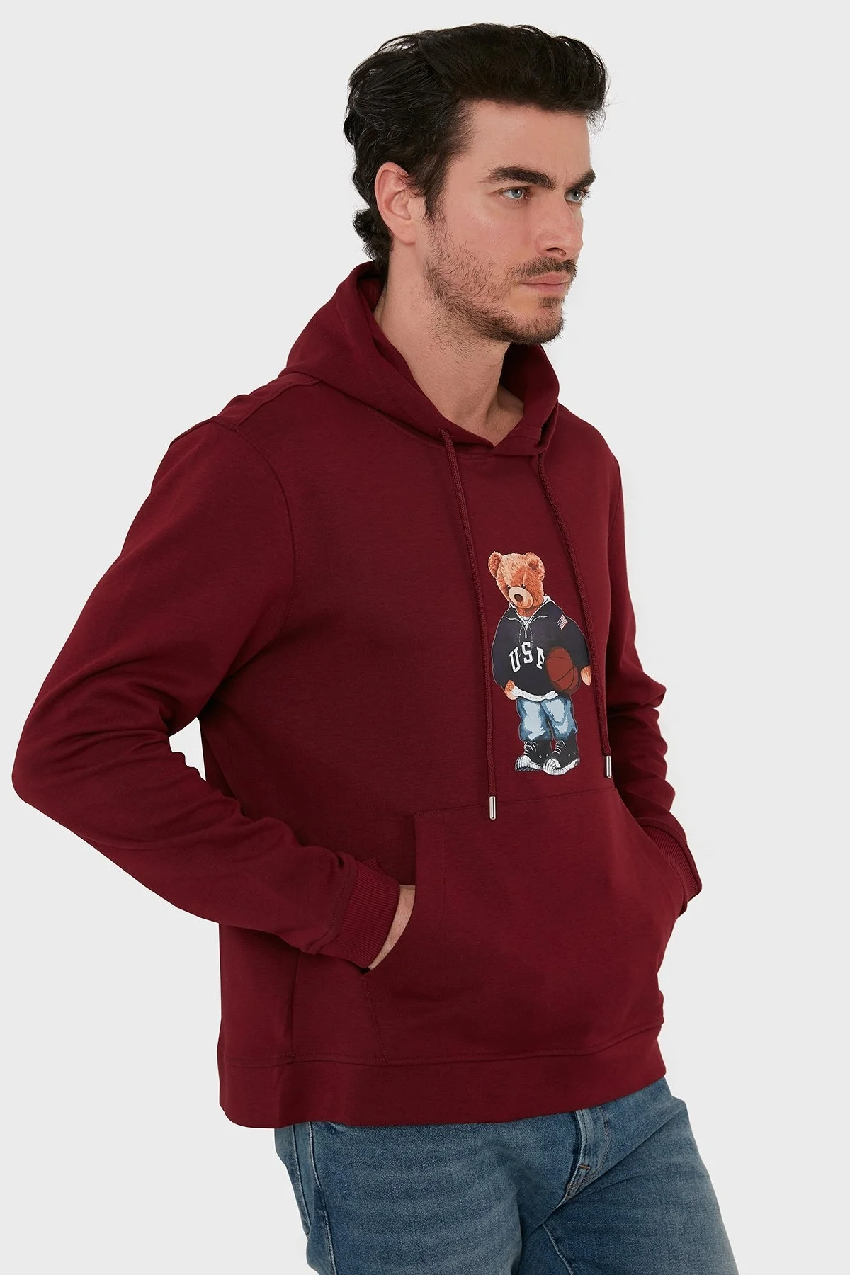 Exxe Pamuklu Baskılı Kanguru Cepli Kapüşonlu Erkek Sweat 6141003 BORDO - 2