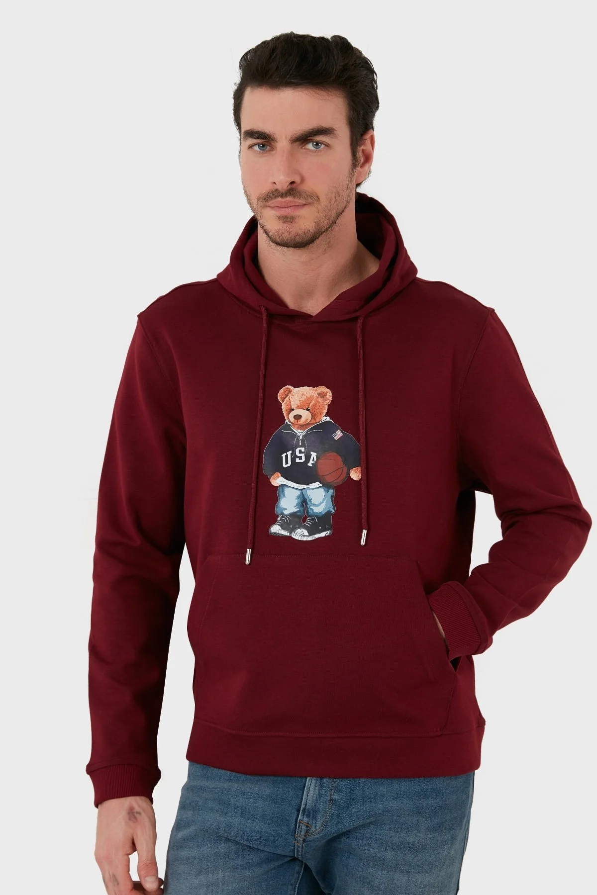 Exxe Pamuklu Baskılı Kanguru Cepli Kapüşonlu Erkek Sweat 6141003 BORDO - 3