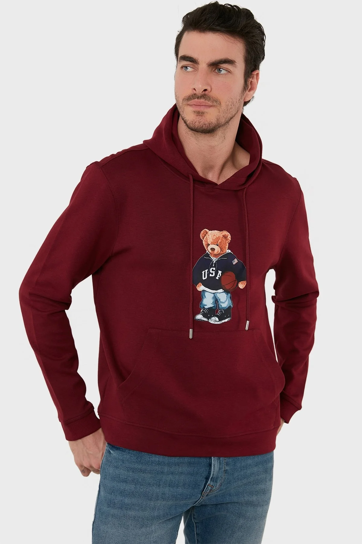 Exxe Pamuklu Baskılı Kanguru Cepli Kapüşonlu Erkek Sweat 6141003 BORDO - 4