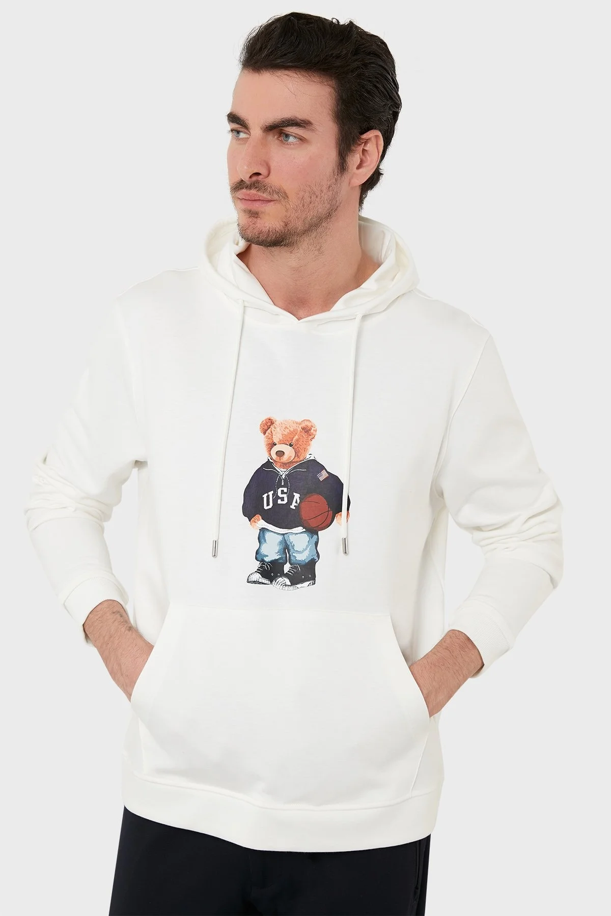 Exxe Pamuklu Baskılı Kanguru Cepli Kapüşonlu Erkek Sweat 6141003 EKRU - 1