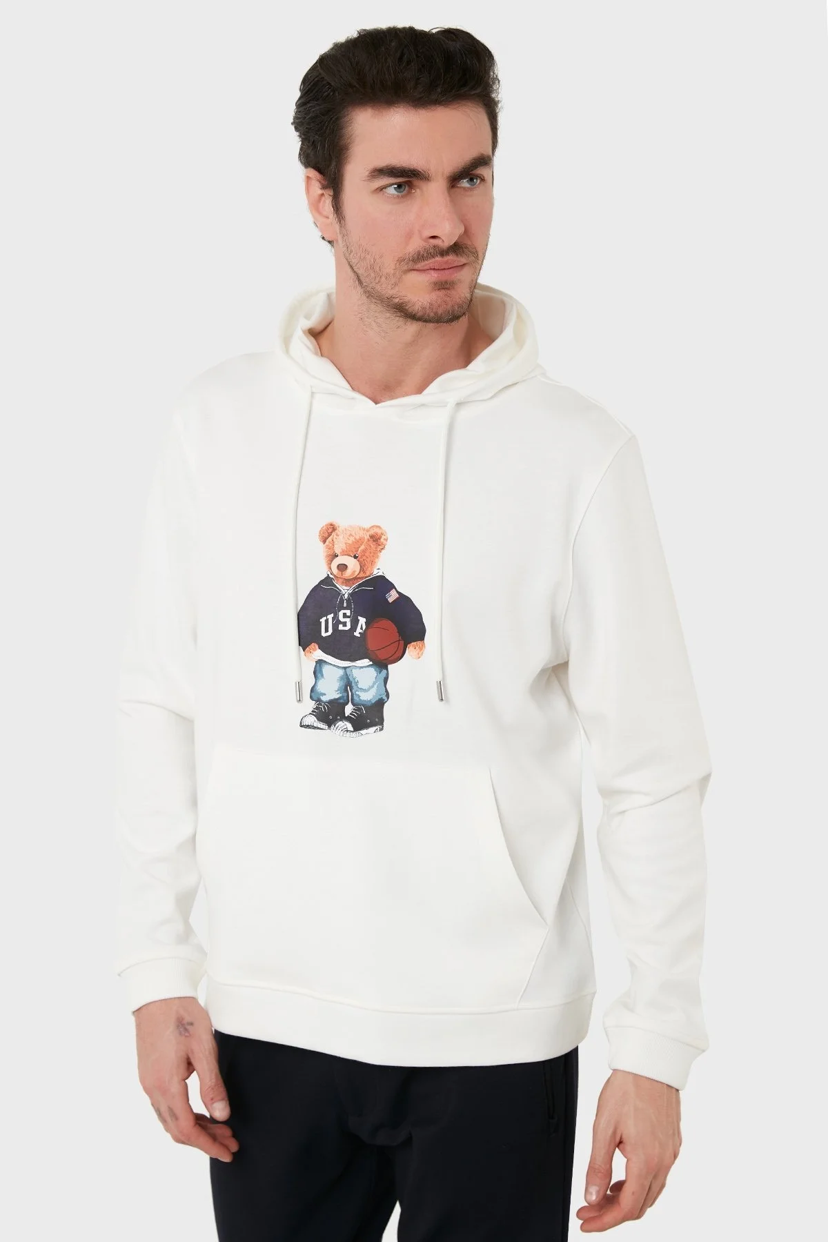 Exxe Pamuklu Baskılı Kanguru Cepli Kapüşonlu Erkek Sweat 6141003 EKRU - 2