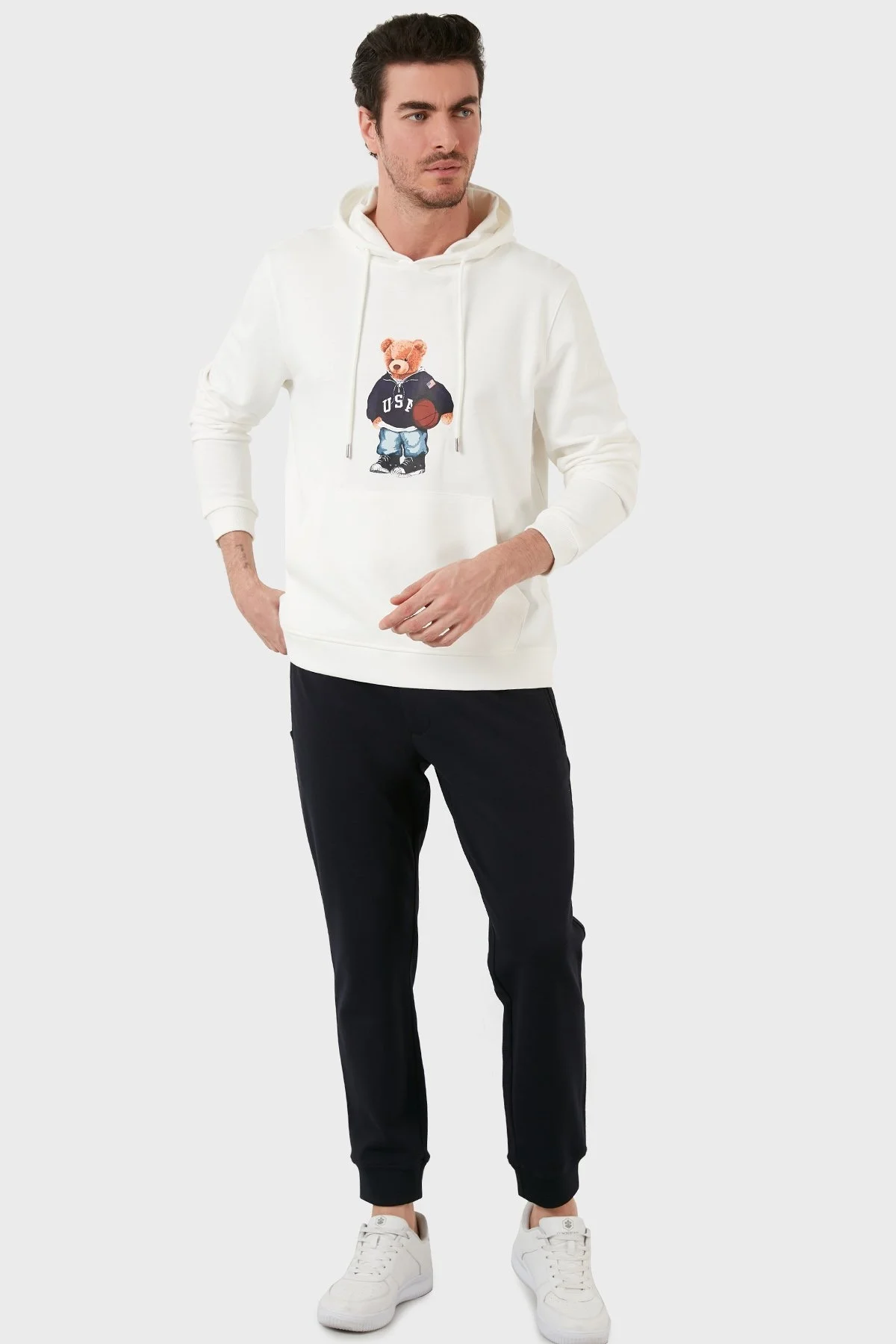 Exxe Pamuklu Baskılı Kanguru Cepli Kapüşonlu Erkek Sweat 6141003 EKRU - 3