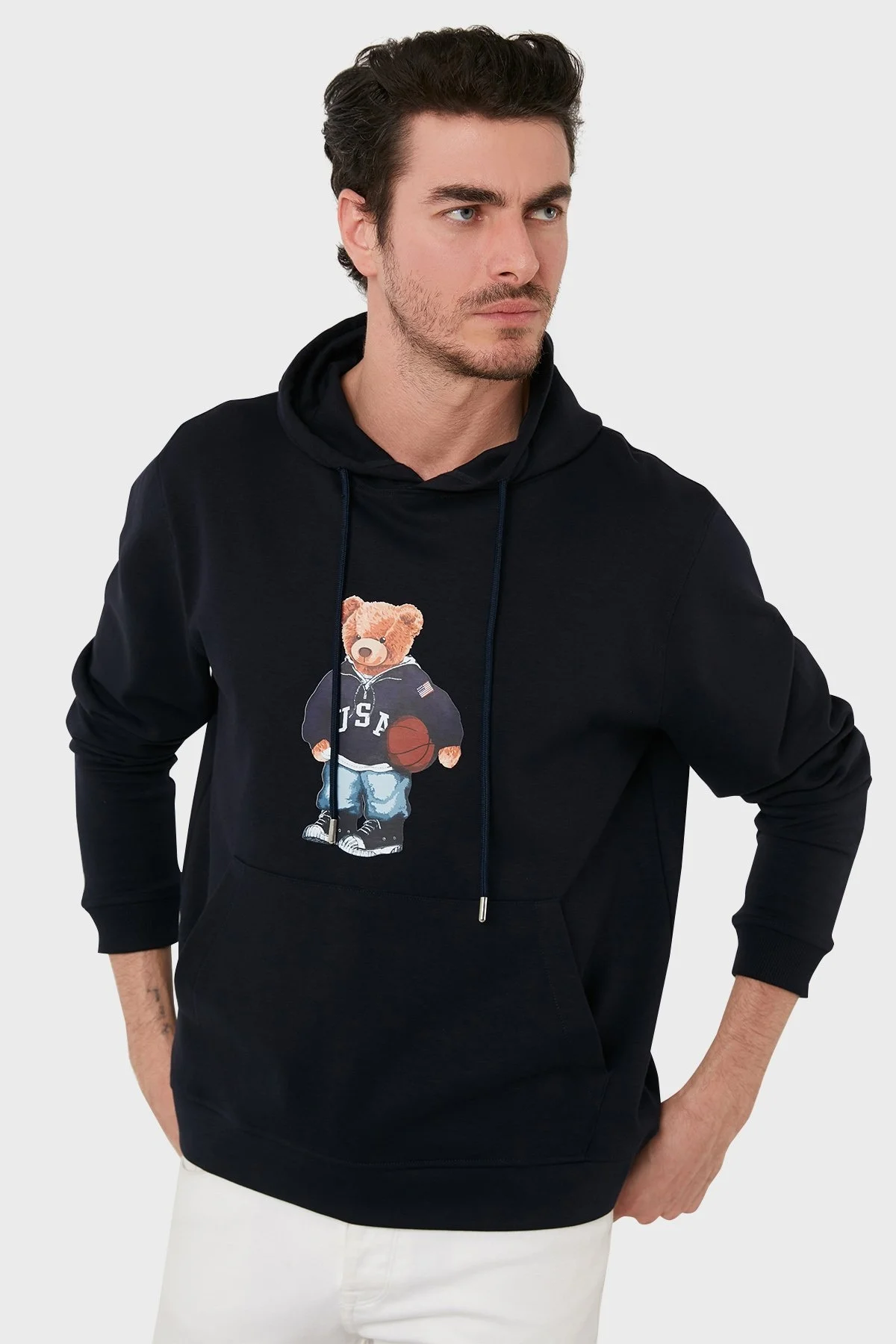 Exxe Pamuklu Baskılı Kanguru Cepli Kapüşonlu Erkek Sweat 6141003 LACİVERT - 1