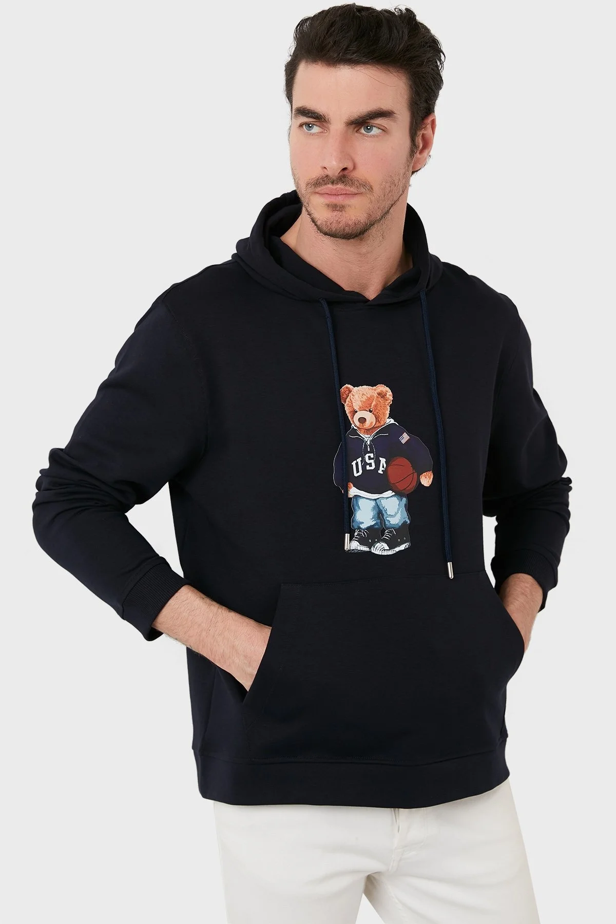 Exxe Pamuklu Baskılı Kanguru Cepli Kapüşonlu Erkek Sweat 6141003 LACİVERT - 3