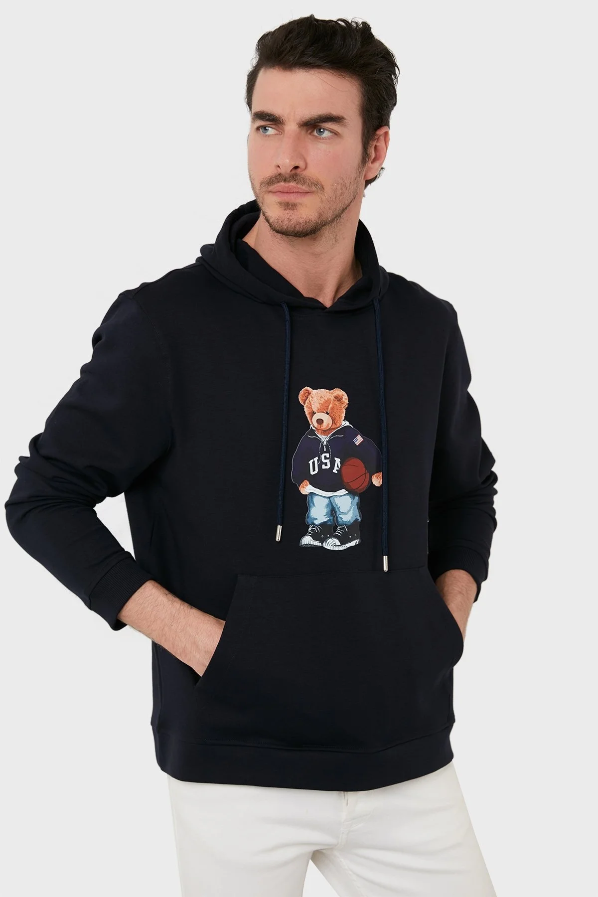 Exxe Pamuklu Baskılı Kanguru Cepli Kapüşonlu Erkek Sweat 6141003 LACİVERT - 4