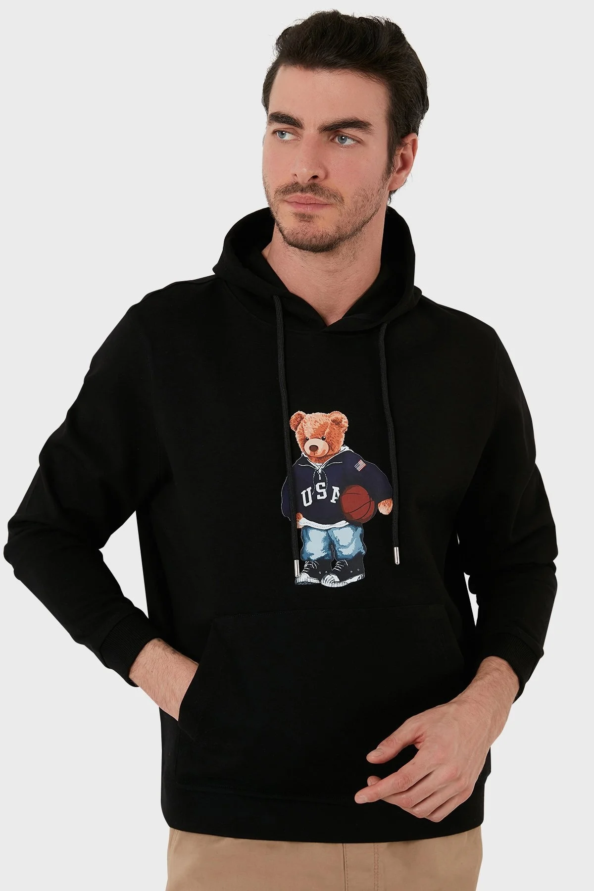 Exxe Pamuklu Baskılı Kanguru Cepli Kapüşonlu Erkek Sweat 6141003 SİYAH - 1