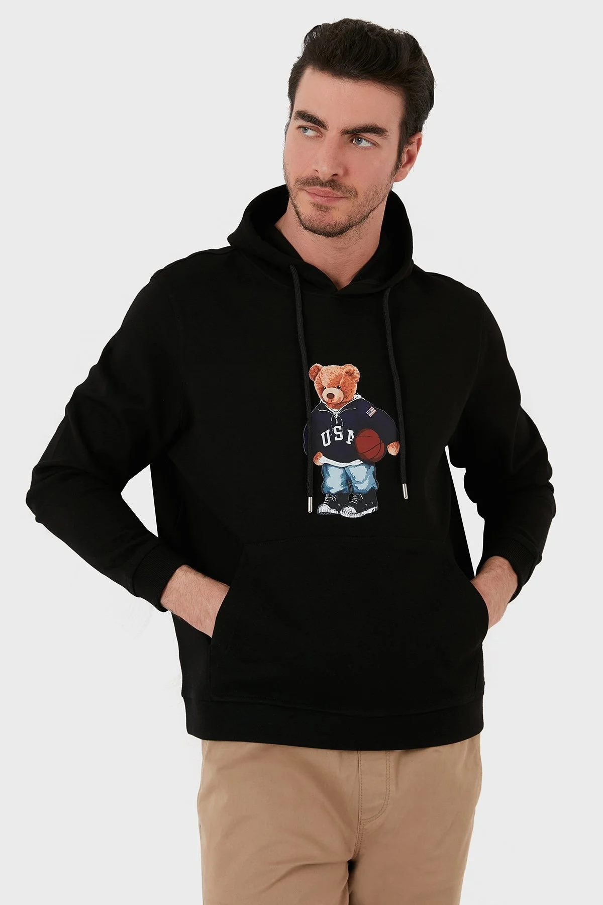 Exxe Pamuklu Baskılı Kanguru Cepli Kapüşonlu Erkek Sweat 6141003 SİYAH - 3