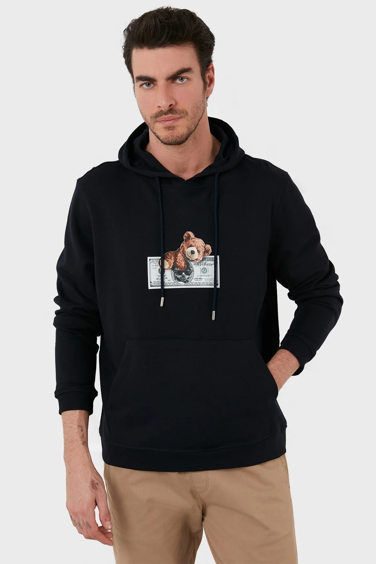 Exxe Pamuklu Baskılı Kanguru Cepli Kapüşonlu Erkek Sweat 6141004 LACİVERT - 1