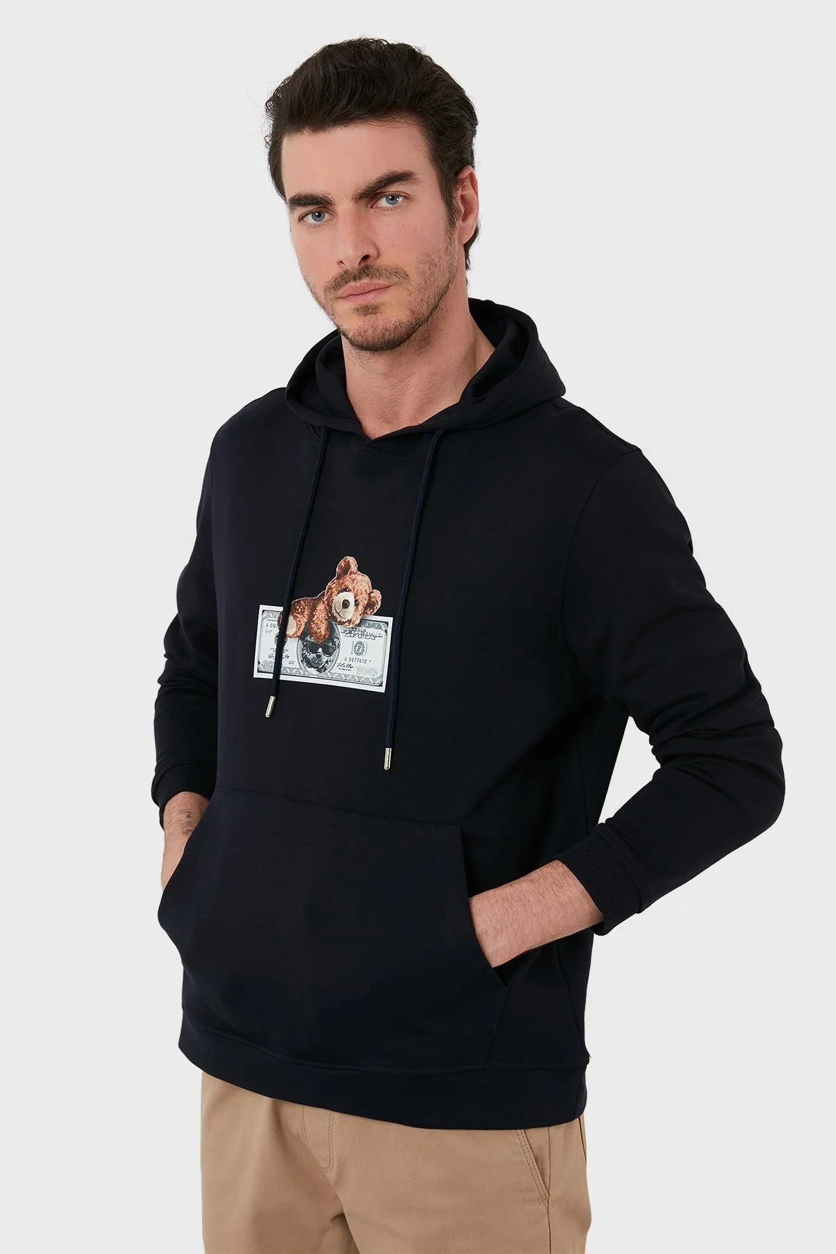 Exxe Pamuklu Baskılı Kanguru Cepli Kapüşonlu Erkek Sweat 6141004 LACİVERT - 3