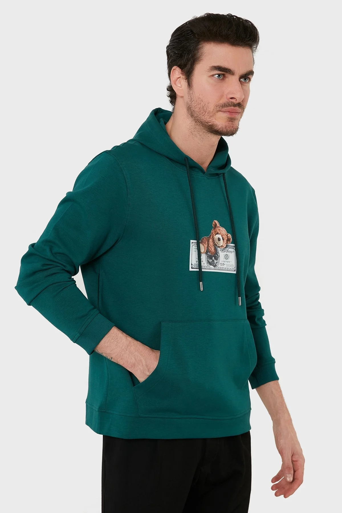 Exxe Pamuklu Baskılı Kanguru Cepli Kapüşonlu Erkek Sweat 6141004 PETROL - 3