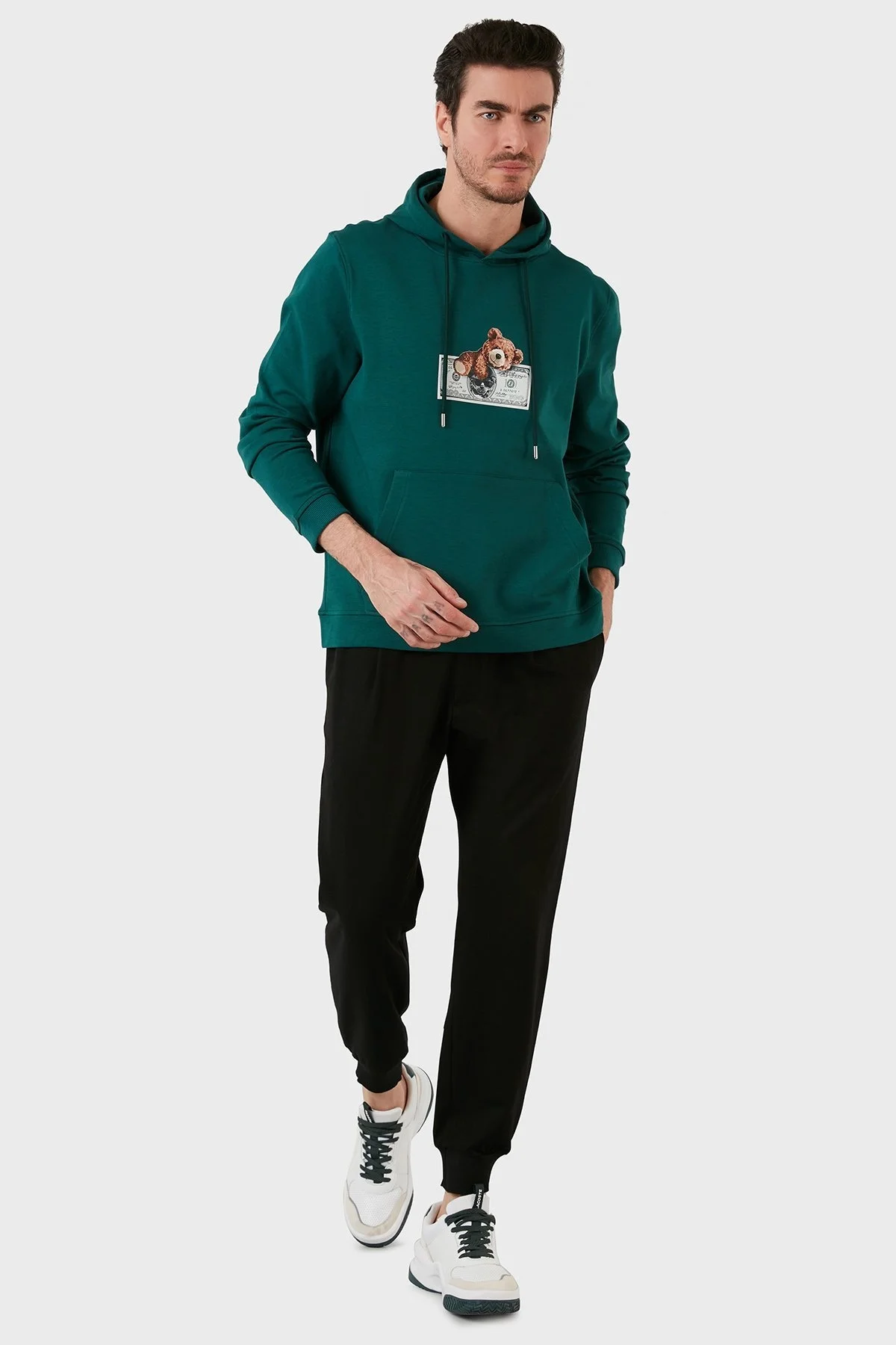 Exxe Pamuklu Baskılı Kanguru Cepli Kapüşonlu Erkek Sweat 6141004 PETROL - 4