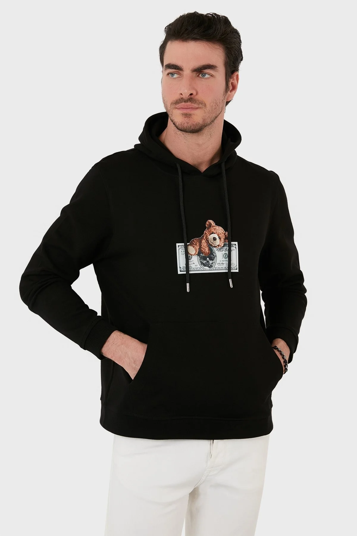 Exxe Pamuklu Baskılı Kanguru Cepli Kapüşonlu Erkek Sweat 6141004 SİYAH - 1