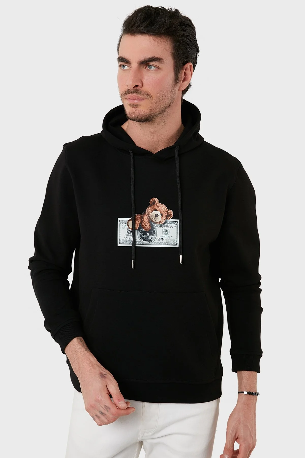 Exxe Pamuklu Baskılı Kanguru Cepli Kapüşonlu Erkek Sweat 6141004 SİYAH - 4
