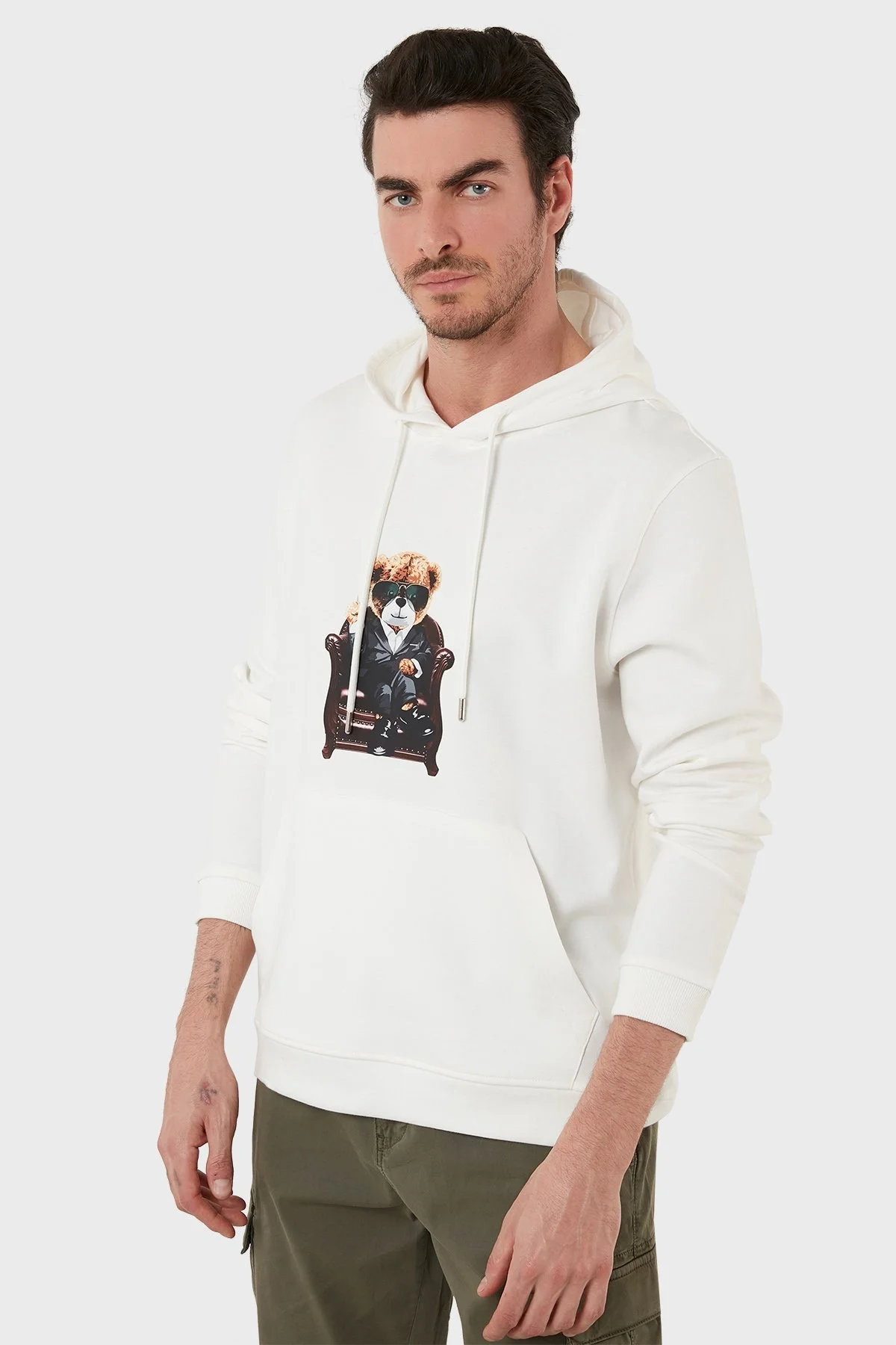 Exxe Pamuklu Baskılı Kanguru Cepli Kapüşonlu Erkek Sweat 6141005 EKRU - 1