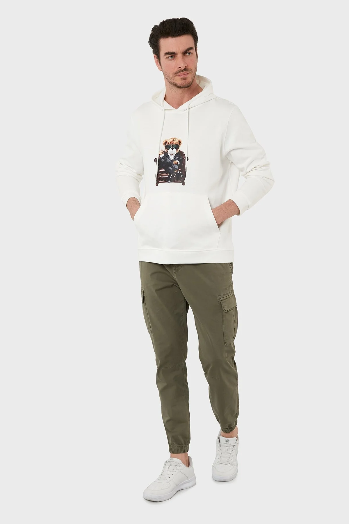 Exxe Pamuklu Baskılı Kanguru Cepli Kapüşonlu Erkek Sweat 6141005 EKRU - 2