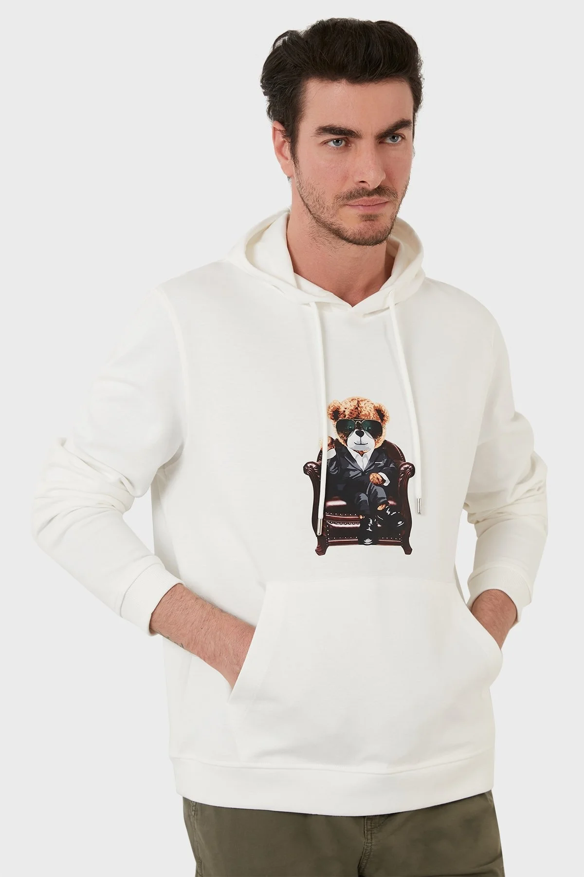 Exxe Pamuklu Baskılı Kanguru Cepli Kapüşonlu Erkek Sweat 6141005 EKRU - 3