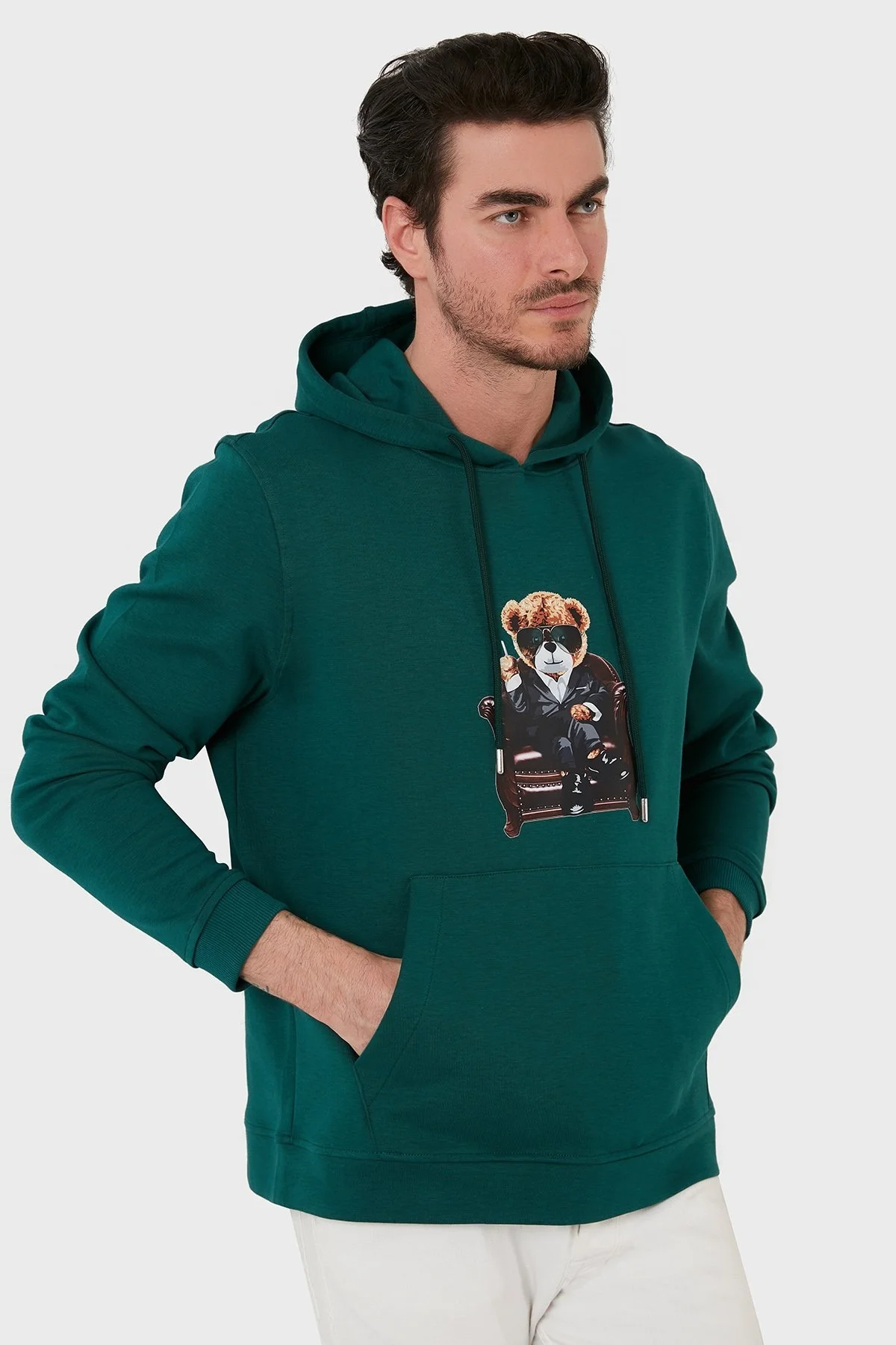 Exxe Pamuklu Baskılı Kanguru Cepli Kapüşonlu Erkek Sweat 6141005 PETROL - 1