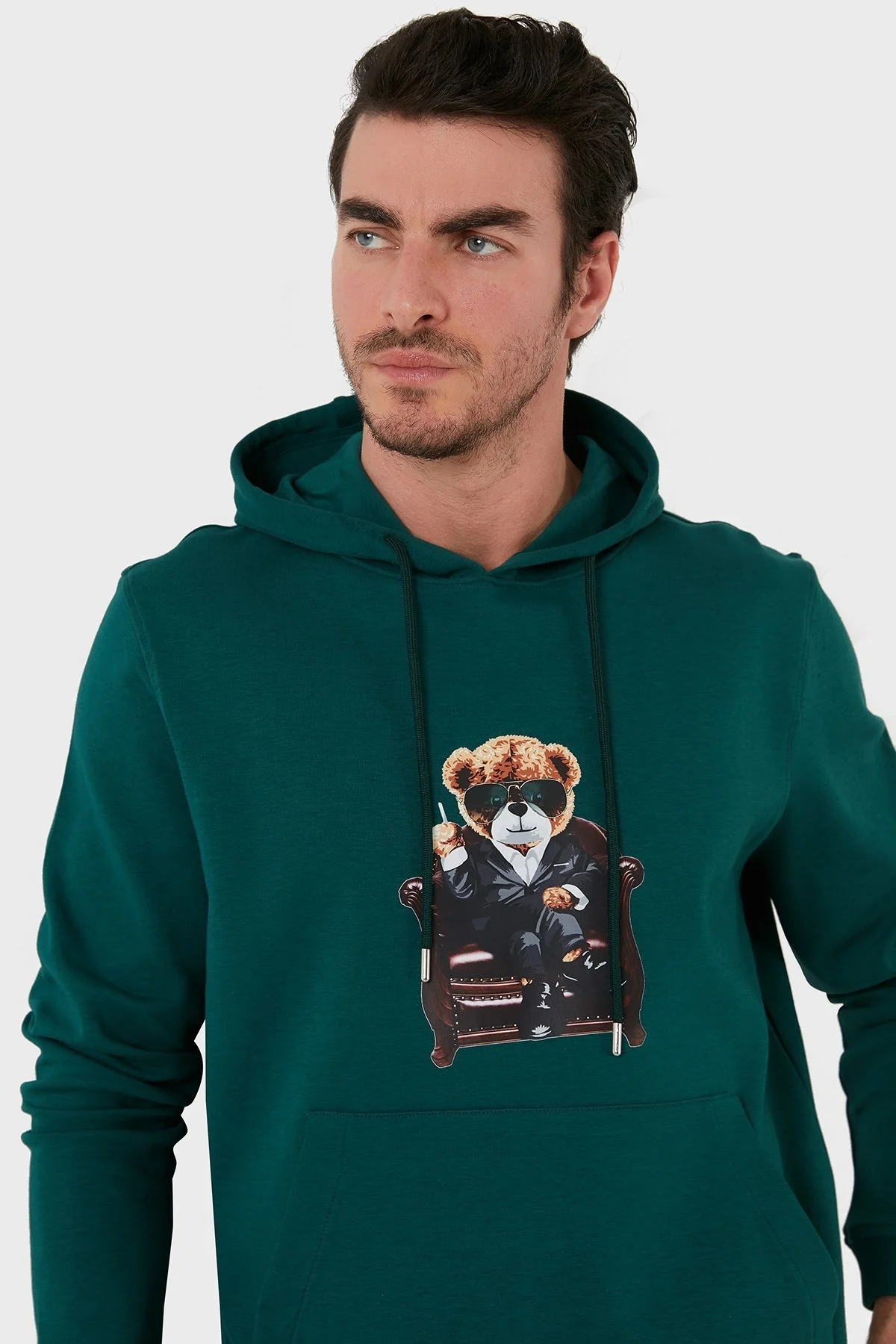 Exxe Pamuklu Baskılı Kanguru Cepli Kapüşonlu Erkek Sweat 6141005 PETROL - 2