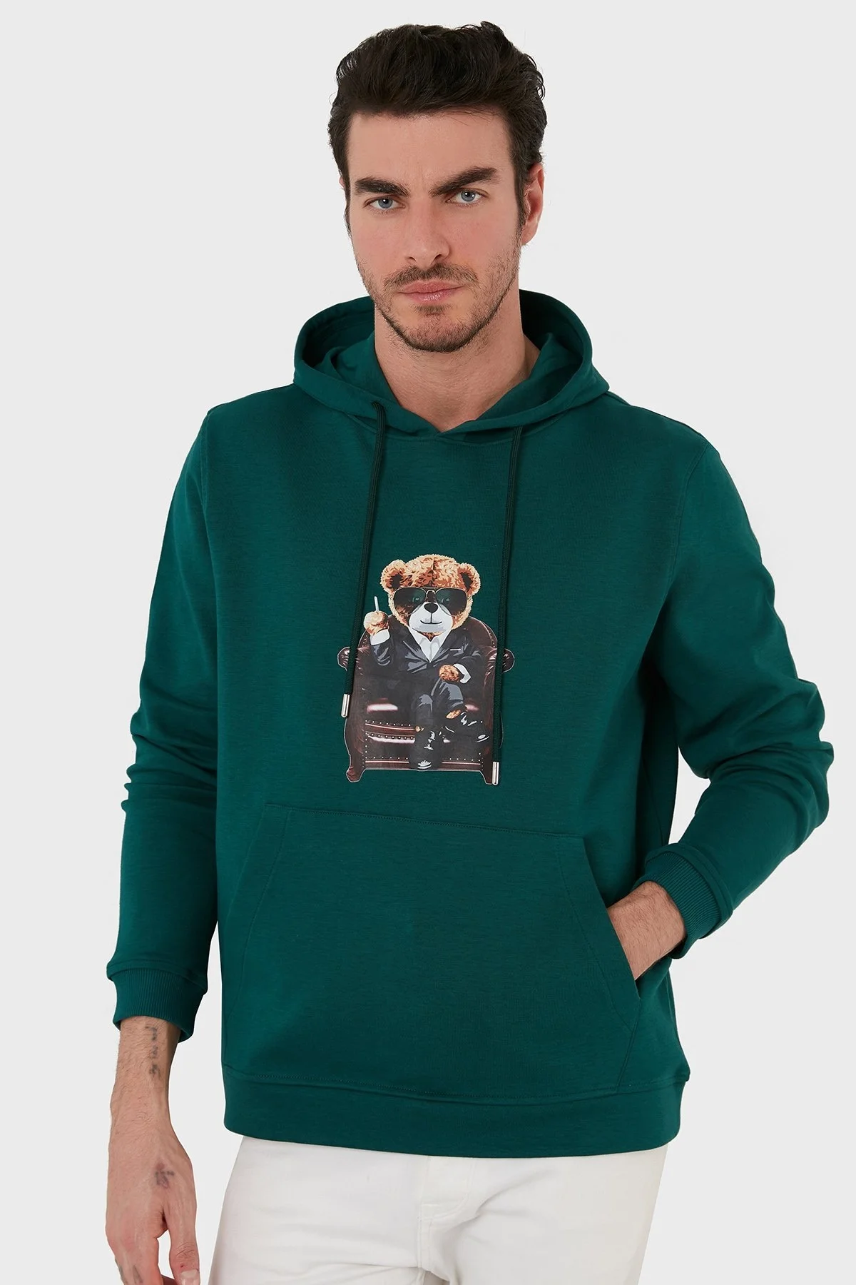 Exxe Pamuklu Baskılı Kanguru Cepli Kapüşonlu Erkek Sweat 6141005 PETROL - 3