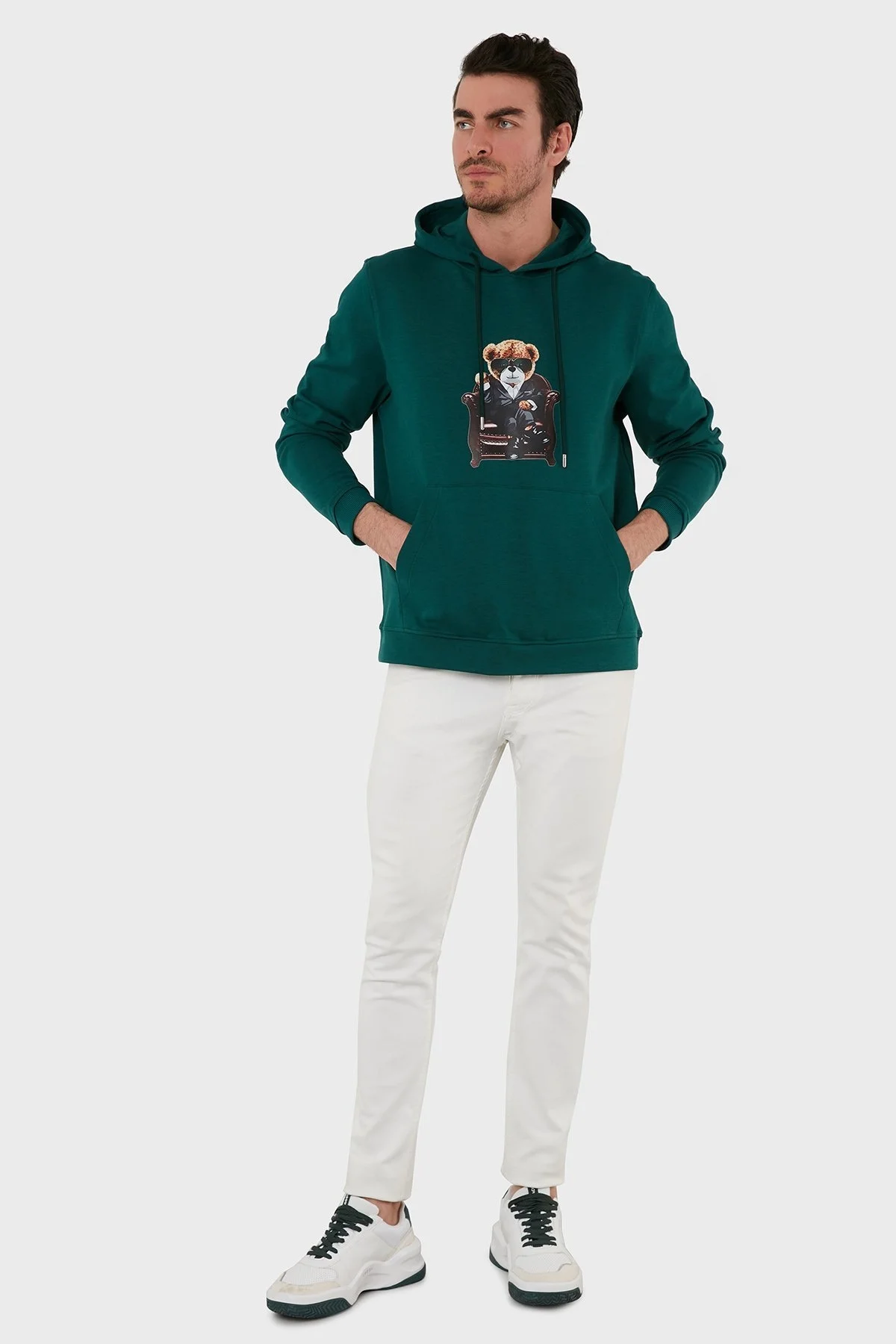 Exxe Pamuklu Baskılı Kanguru Cepli Kapüşonlu Erkek Sweat 6141005 PETROL - 4