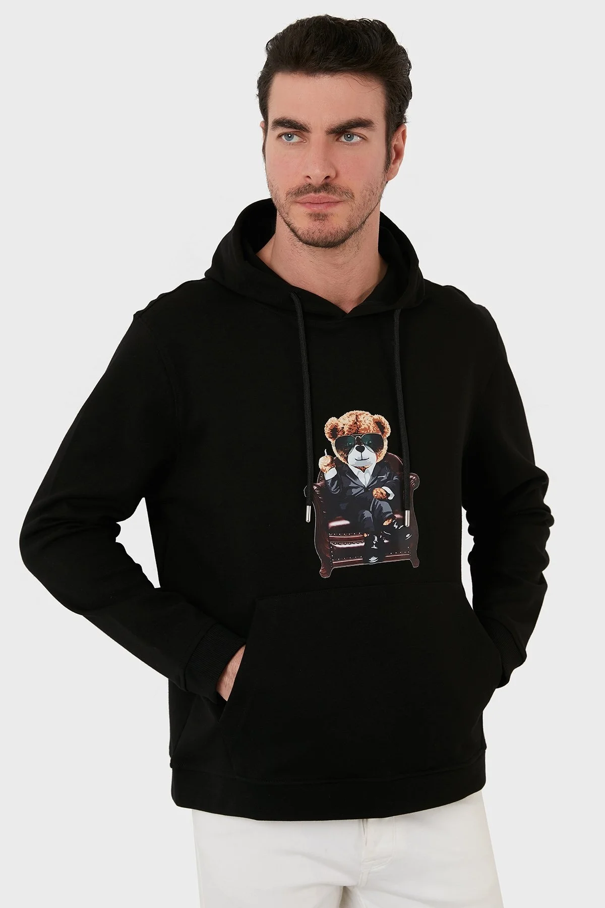 Exxe Pamuklu Baskılı Kanguru Cepli Kapüşonlu Erkek Sweat 6141005 SİYAH - 1