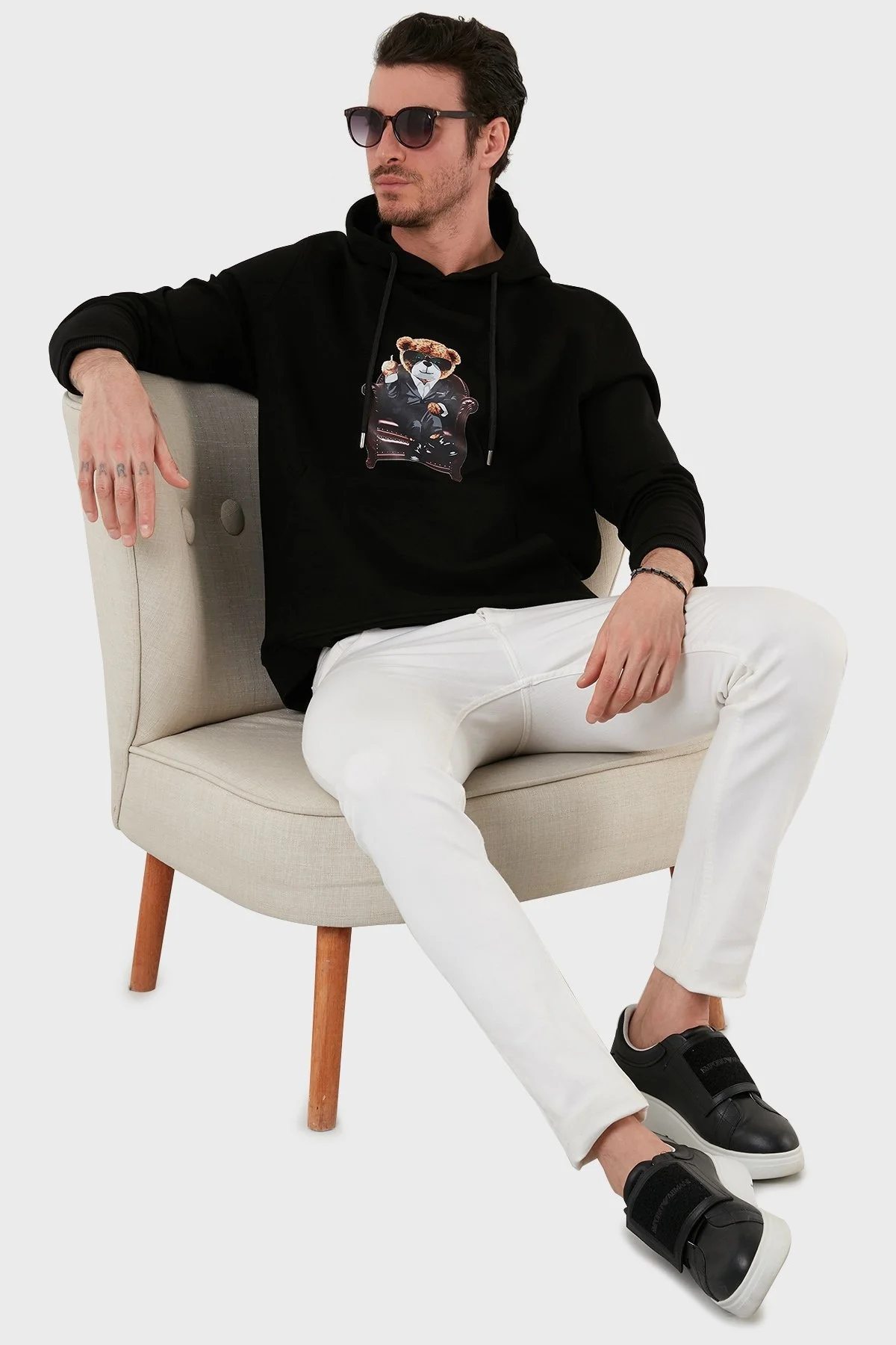 Exxe Pamuklu Baskılı Kanguru Cepli Kapüşonlu Erkek Sweat 6141005 SİYAH - 2