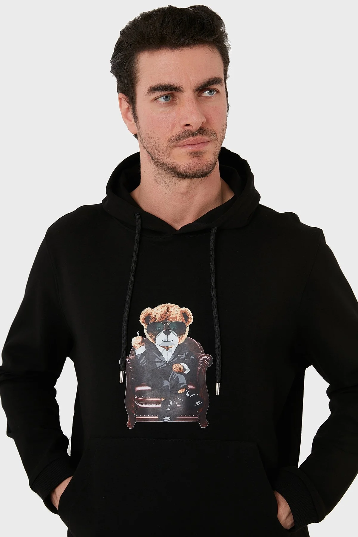 Exxe Pamuklu Baskılı Kanguru Cepli Kapüşonlu Erkek Sweat 6141005 SİYAH - 3