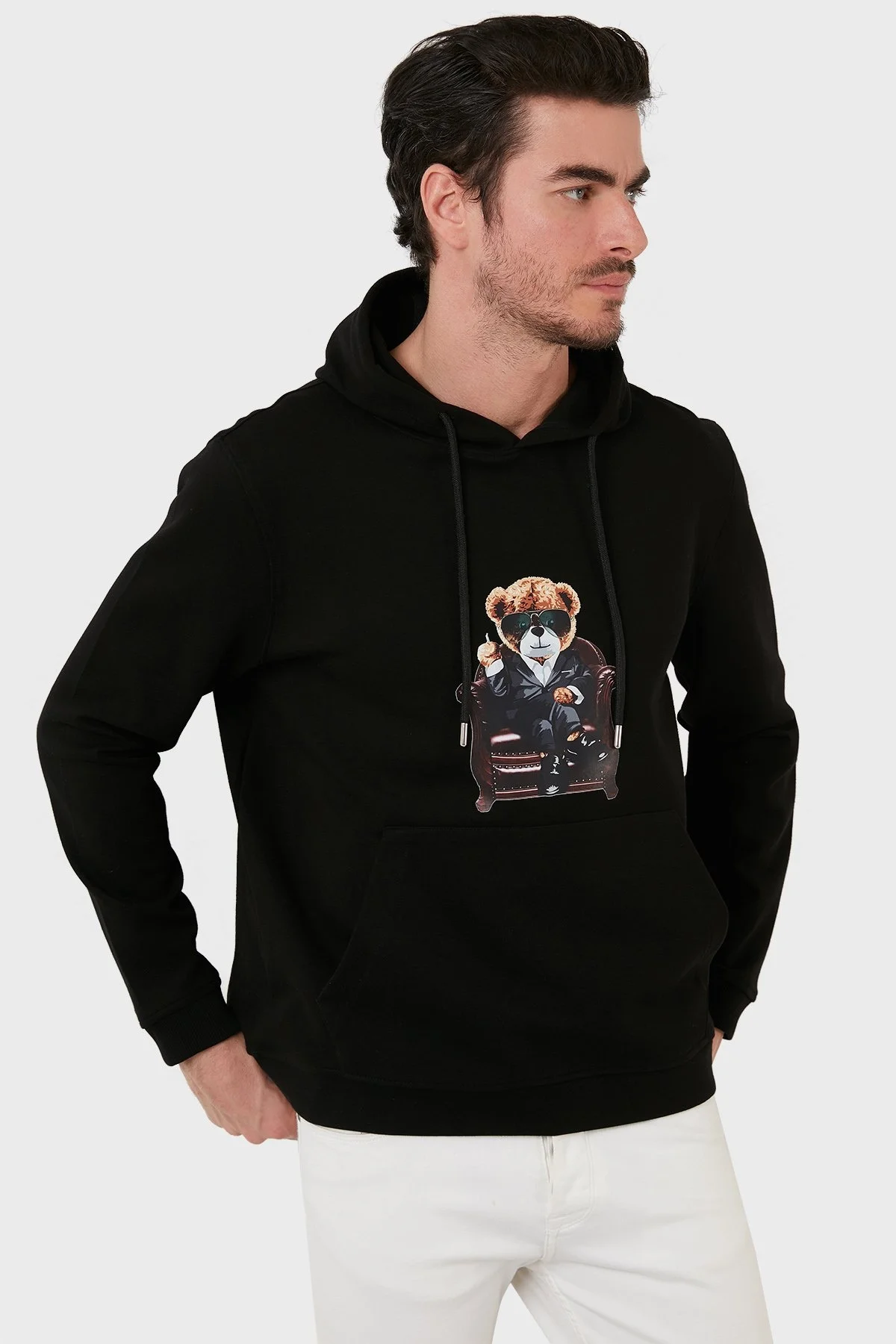 Exxe Pamuklu Baskılı Kanguru Cepli Kapüşonlu Erkek Sweat 6141005 SİYAH - 4