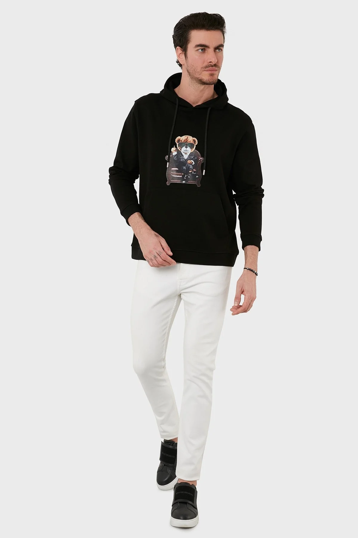 Exxe Pamuklu Baskılı Kanguru Cepli Kapüşonlu Erkek Sweat 6141005 SİYAH - 5