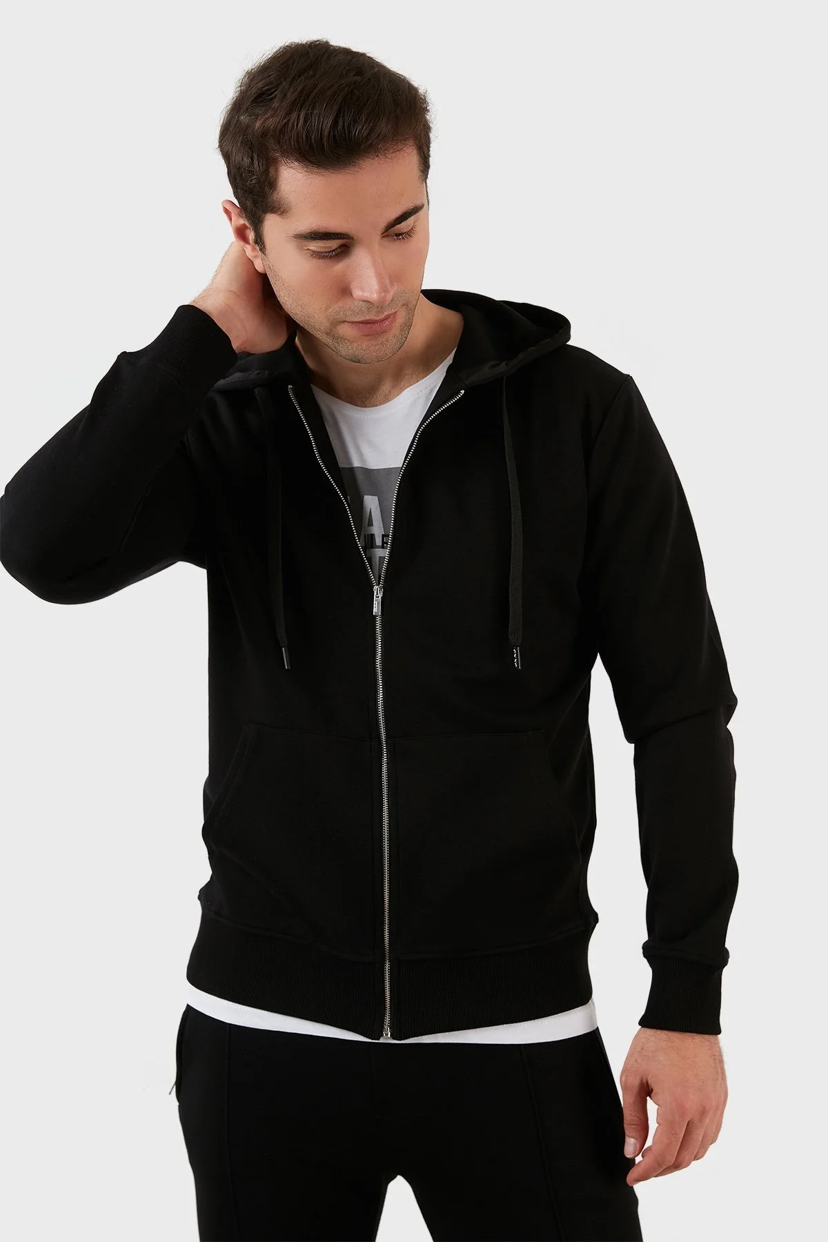 Exxe Pamuklu Cepli Fermuarlı Kapüşonlu Erkek Sweat 6141001 SİYAH - 1