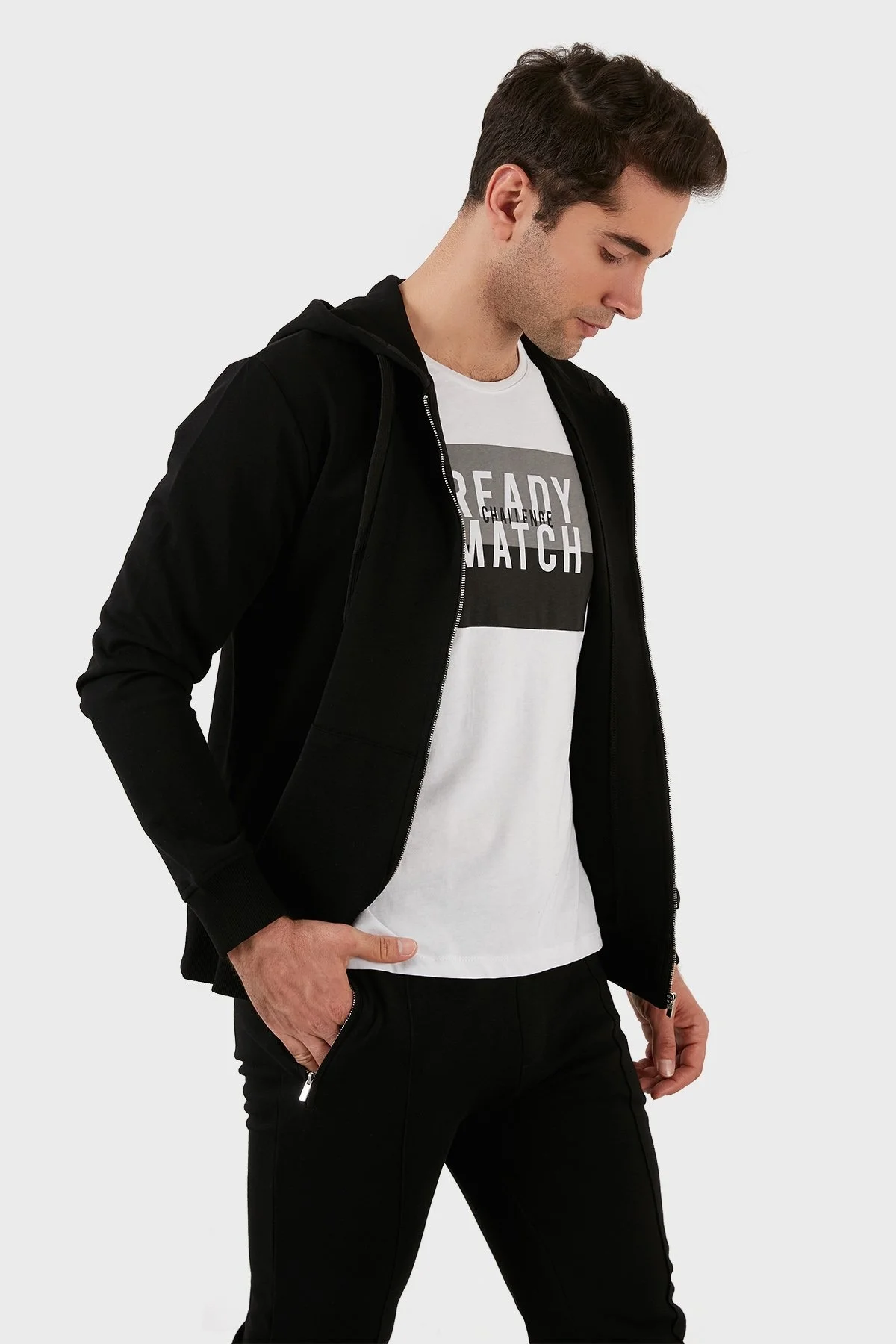 Exxe Pamuklu Cepli Fermuarlı Kapüşonlu Erkek Sweat 6141001 SİYAH - 3