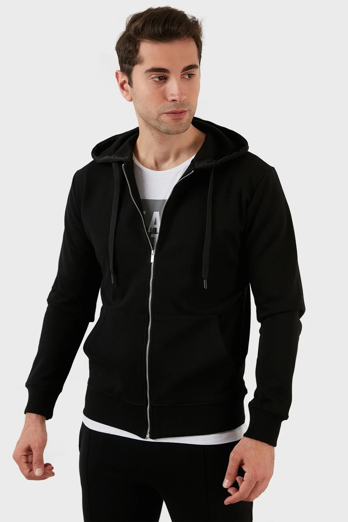 Exxe Pamuklu Cepli Fermuarlı Kapüşonlu Erkek Sweat 6141001 SİYAH - 4