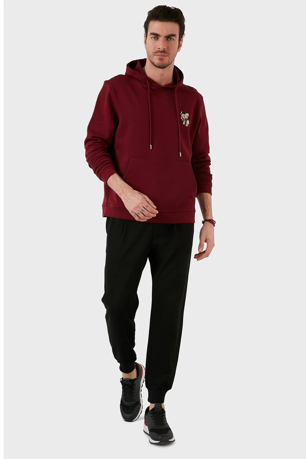 Exxe Pamuklu Kanguru Cepli Kapüşonlu Erkek Sweat 6141006 BORDO - 2