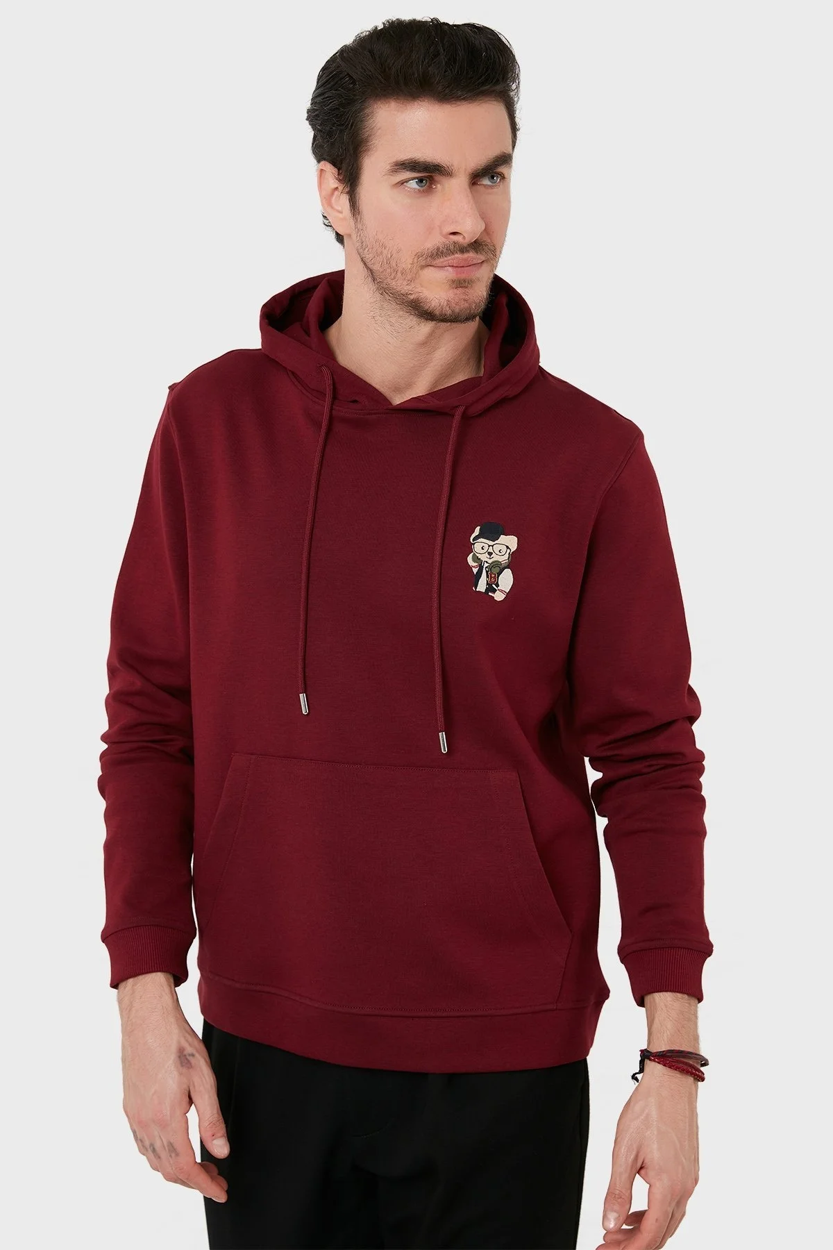 Exxe Pamuklu Kanguru Cepli Kapüşonlu Erkek Sweat 6141006 BORDO - 3