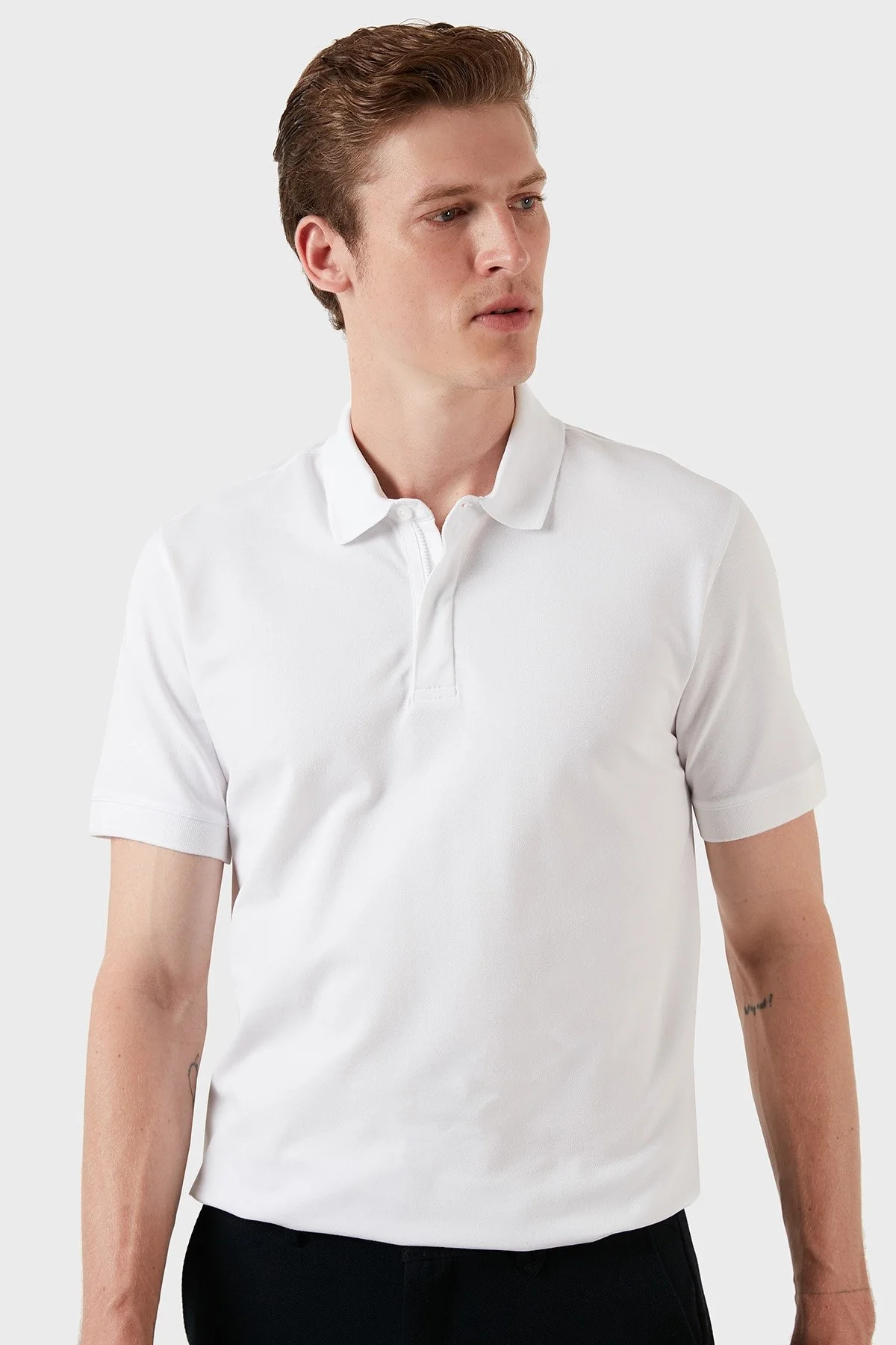 Exxe Pamuklu Regular Fit Düğme ve Fermuarlı T Shirt Erkek Polo EX601 BEYAZ - 2