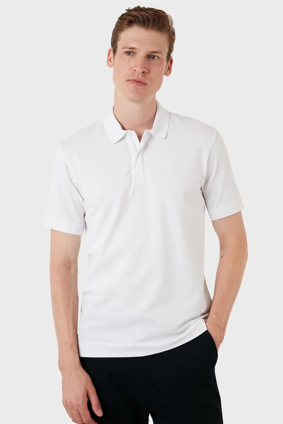 Exxe Pamuklu Regular Fit Düğme ve Fermuarlı T Shirt Erkek Polo EX601 BEYAZ - 3
