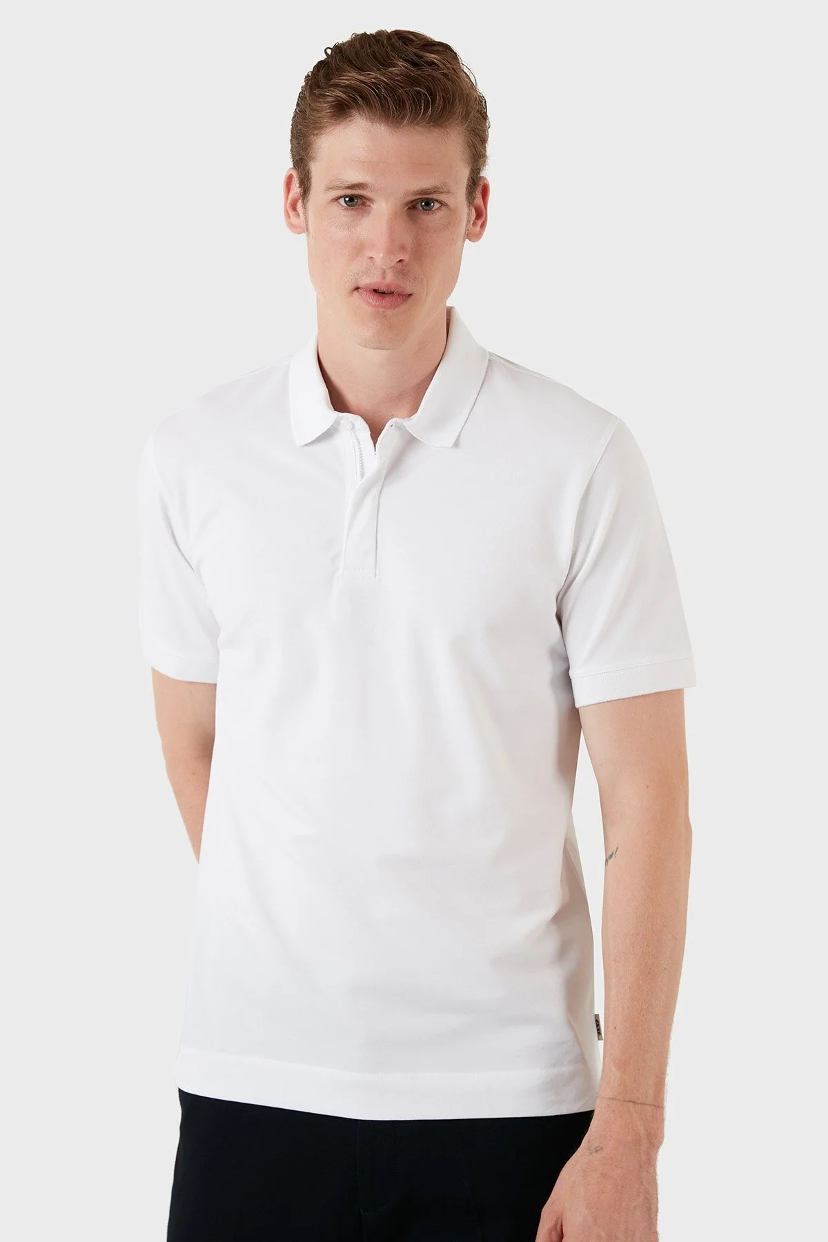 Exxe Pamuklu Regular Fit Düğme ve Fermuarlı T Shirt Erkek Polo EX601 BEYAZ - 6