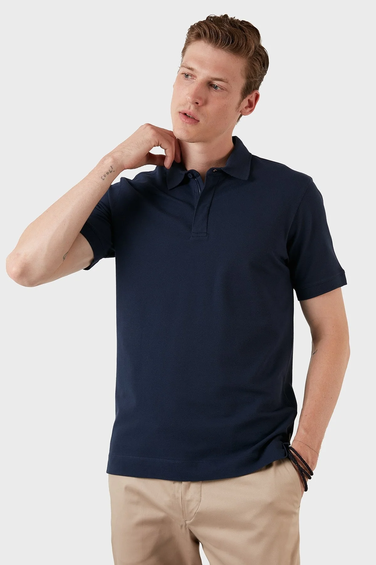 Exxe Pamuklu Regular Fit Düğme ve Fermuarlı T Shirt Erkek Polo EX601 İNDİGO - 5