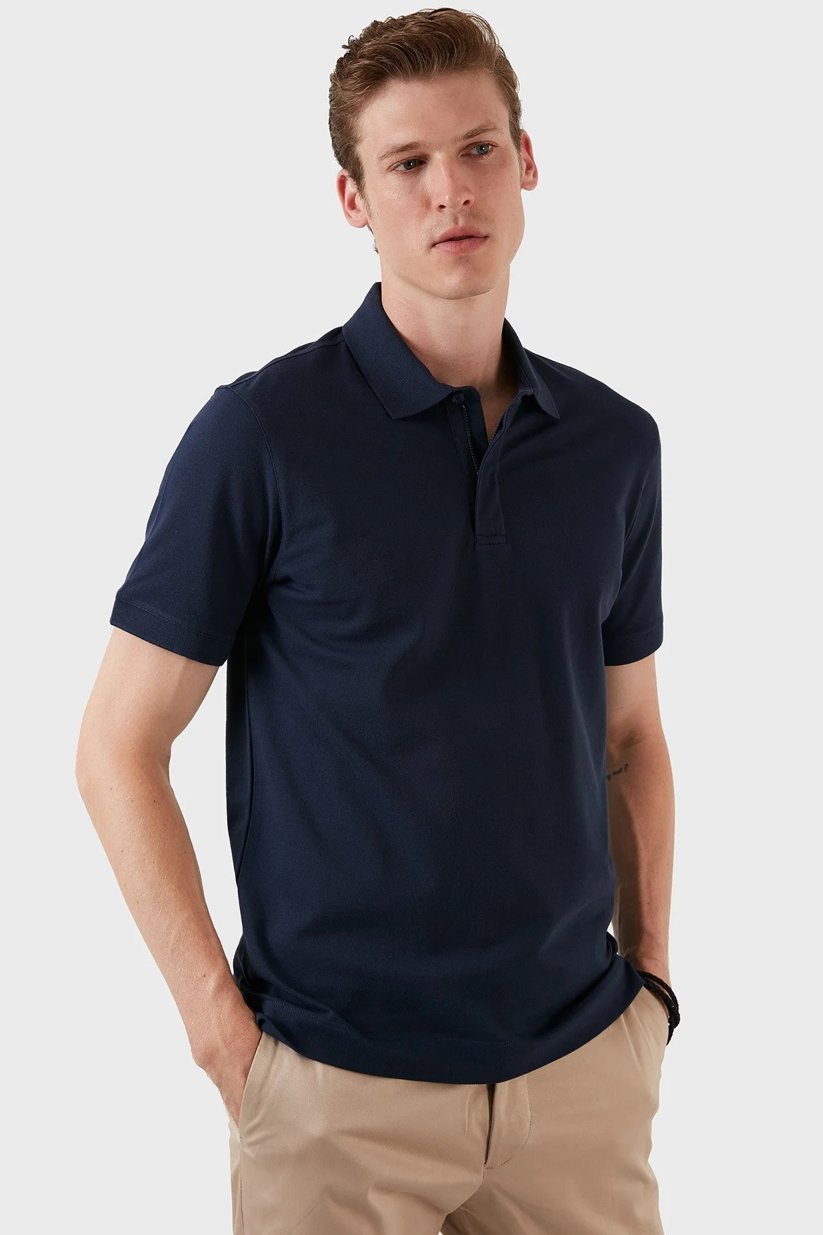 Exxe Pamuklu Regular Fit Düğme ve Fermuarlı T Shirt Erkek Polo EX601 İNDİGO - 6