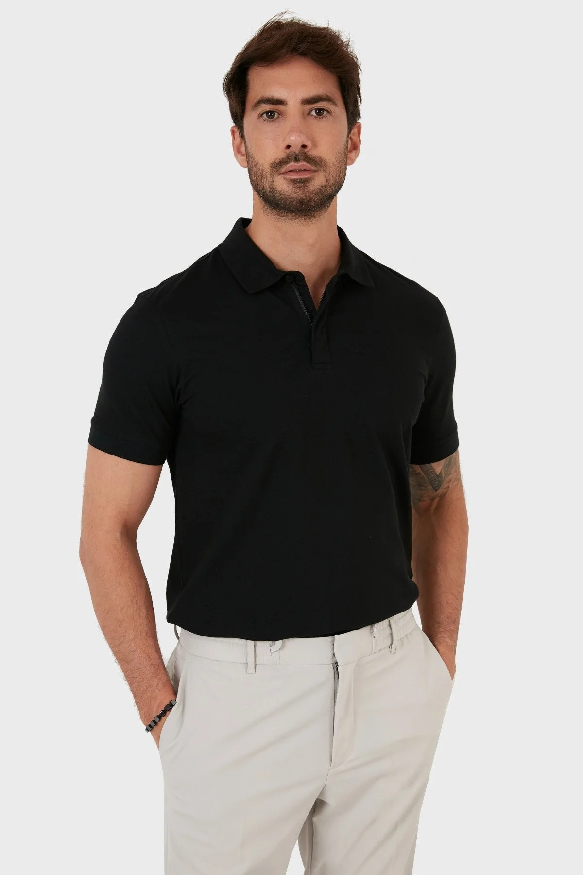 Exxe Pamuklu Regular Fit Düğme ve Fermuarlı T Shirt Erkek Polo EX601 SİYAH - 1