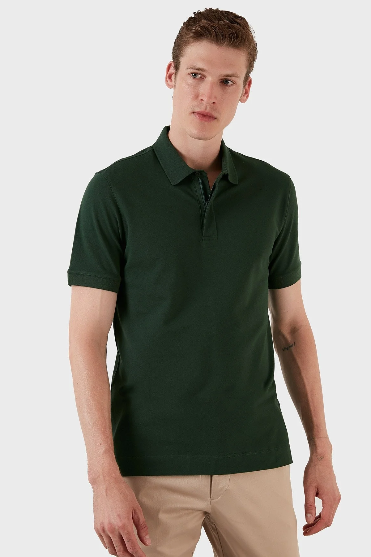 Exxe Pamuklu Regular Fit Düğme ve Fermuarlı T Shirt Erkek Polo EX601 YEŞİL - 1