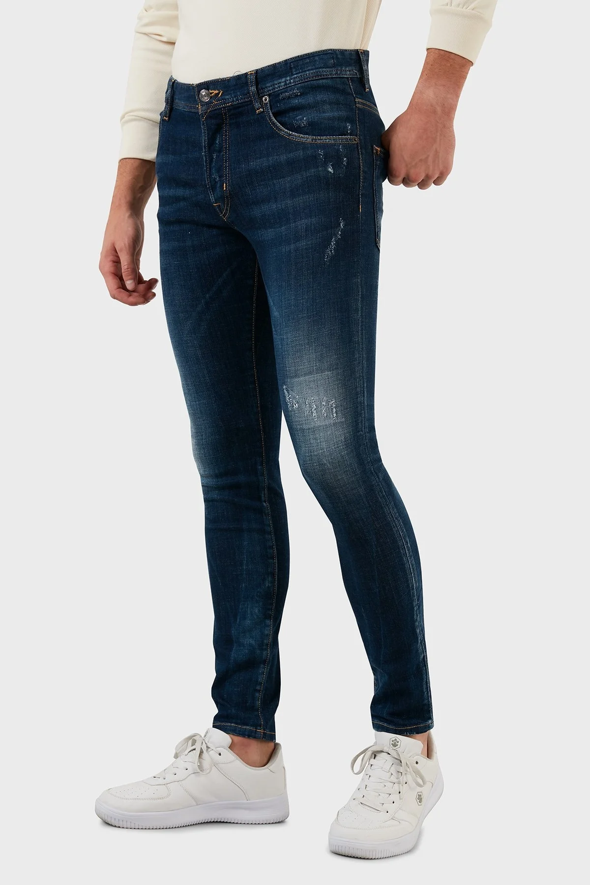 Exxe Pamuklu Yırtık Detaylı Normal Bel Skinny Fit Jeans Erkek Kot Pantolon 629DSK003 MAVİ - 3